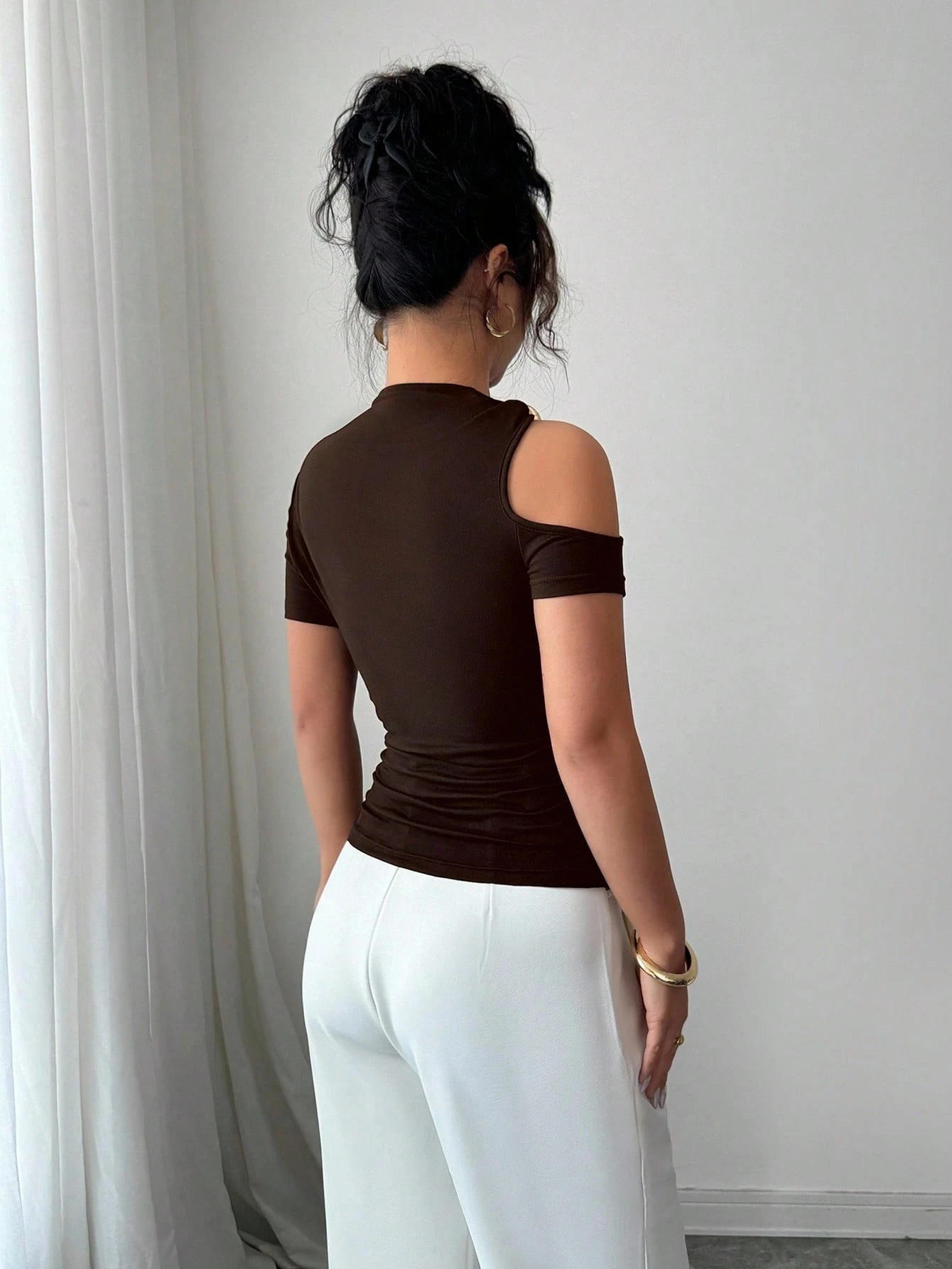Elenzga T-shirt mode femme épaules dénudées de couleur unie — vue 12