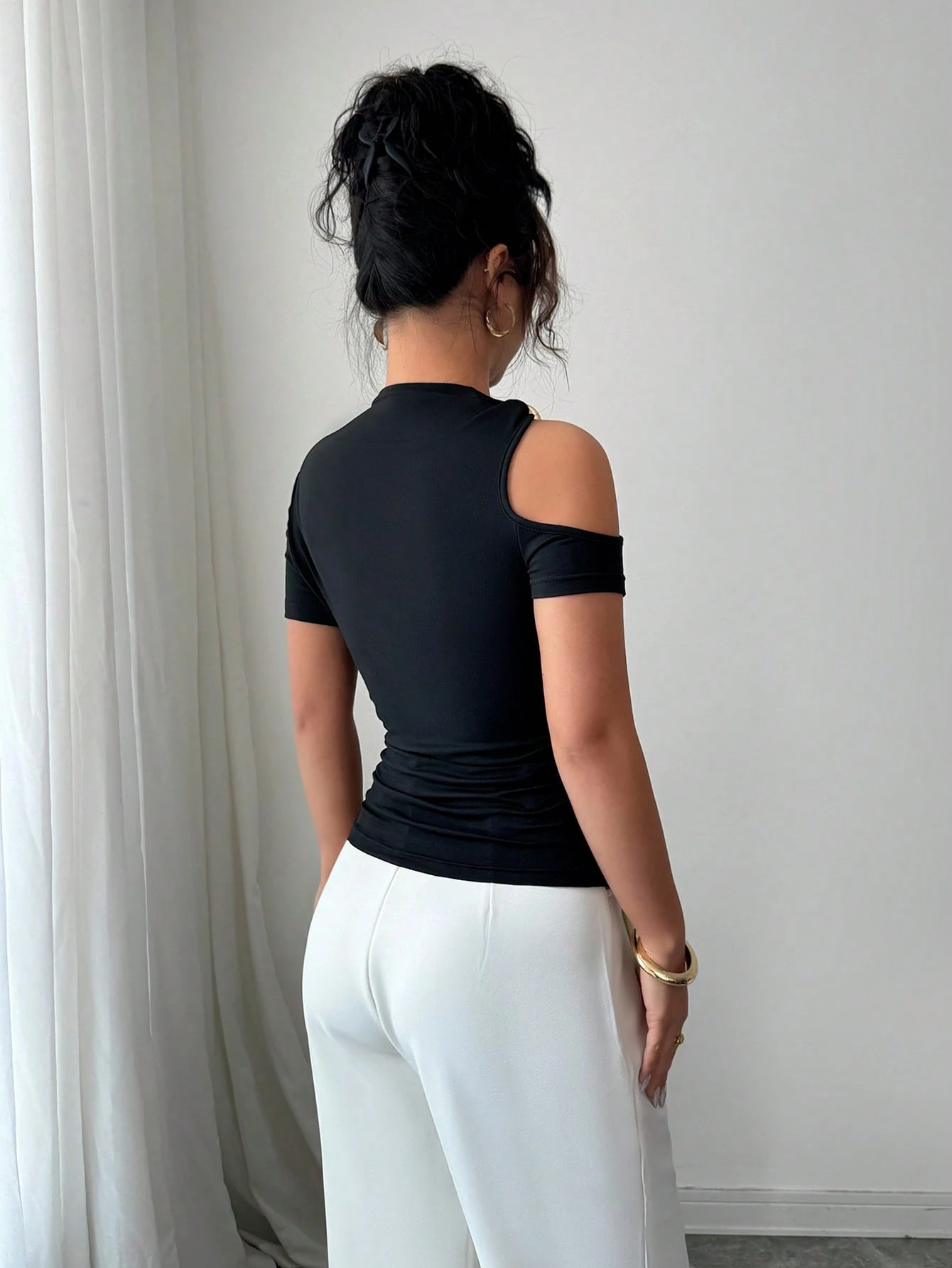Elenzga T-shirt mode femme épaules dénudées de couleur unie — vue 8