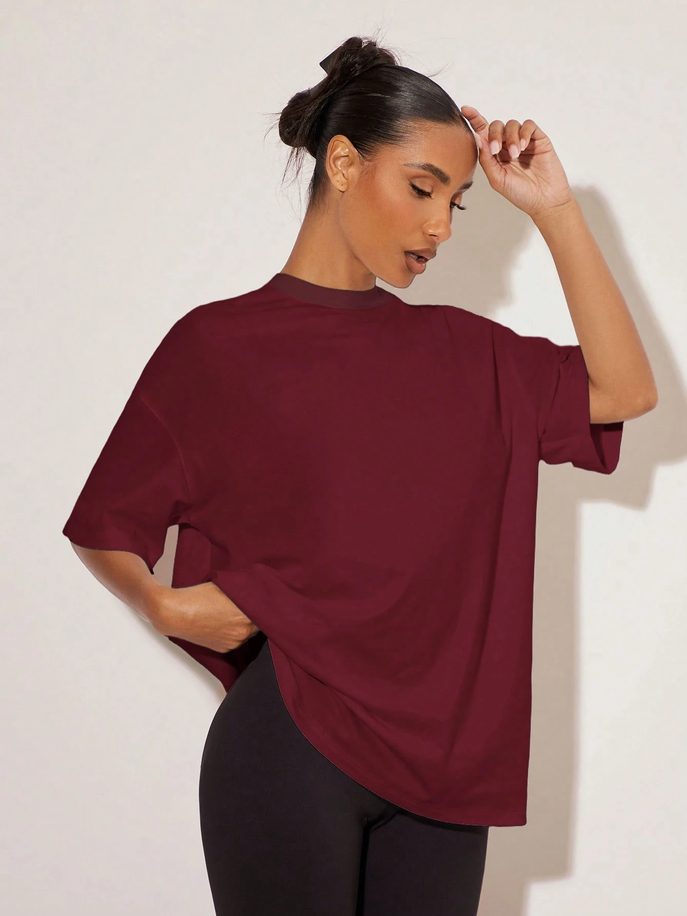 BASICS T-shirt décontracté pour femmes, couleur unie, épaules tombantes, coupe — vue 4