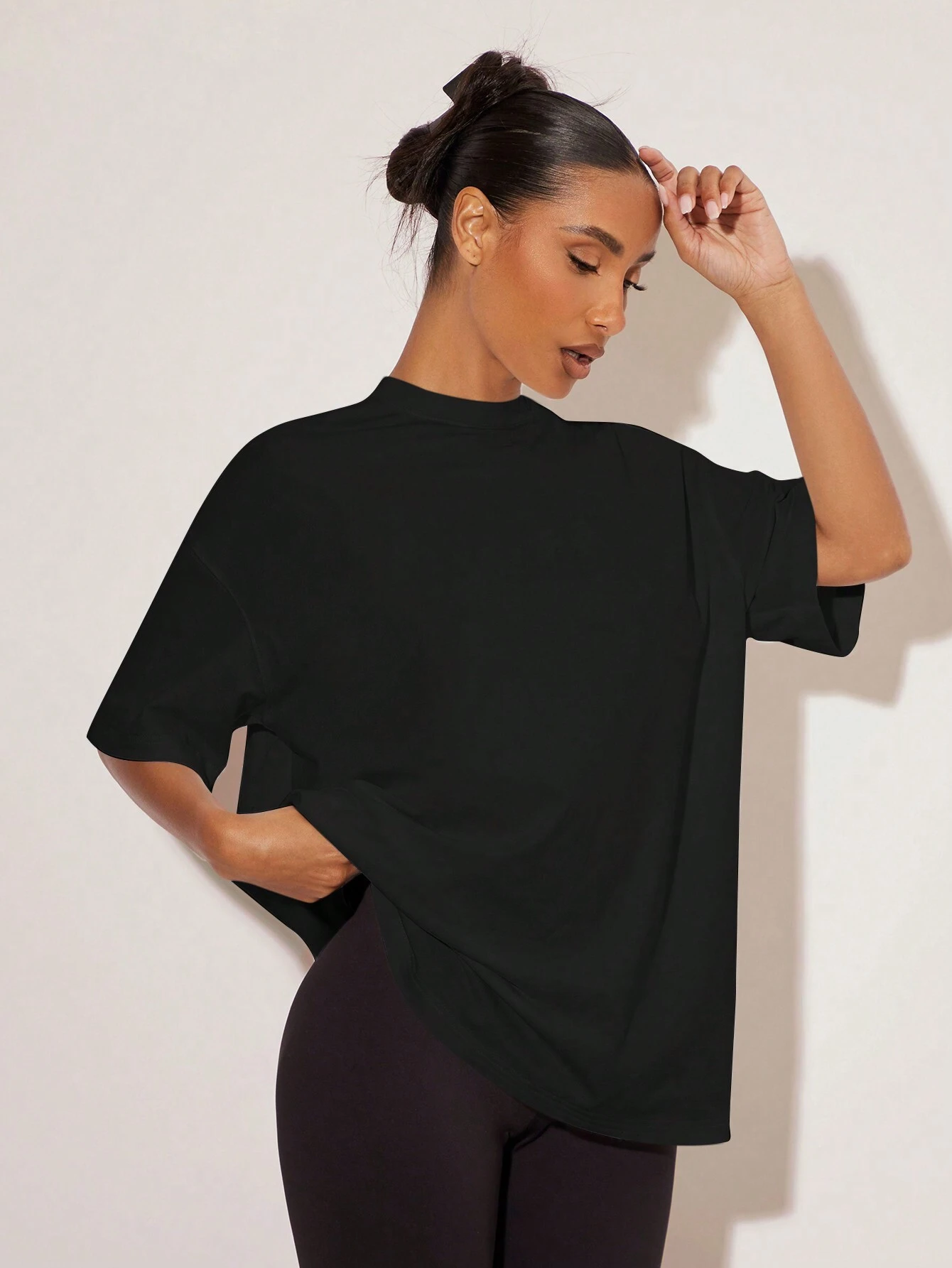 BASICS T-shirt décontracté pour femmes, couleur unie, épaules tombantes, coupe — vue 2
