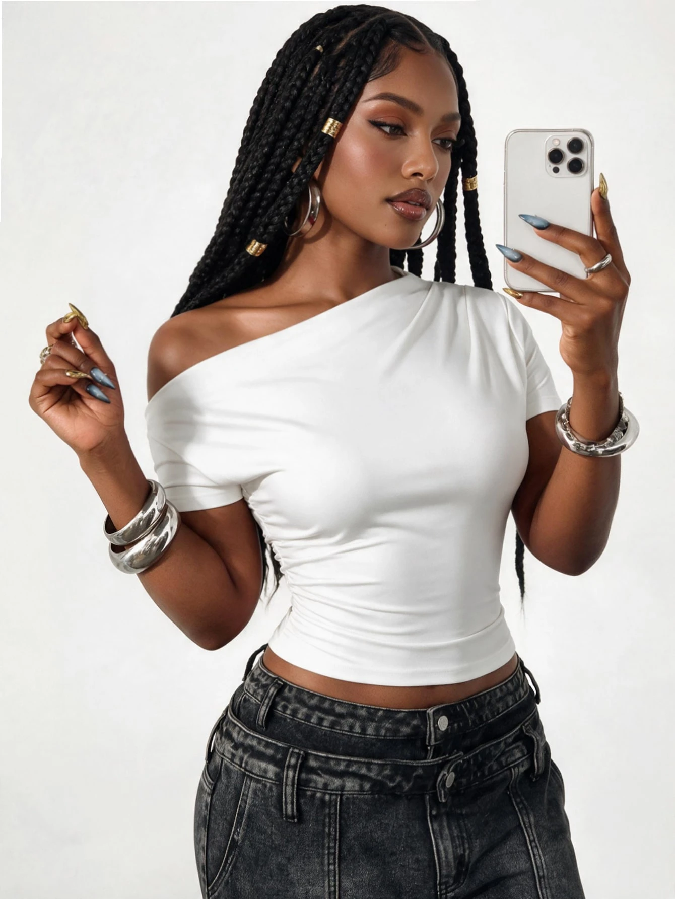 Glyssa T-shirt ajusté à col asymétrique froncé de couleur unie d'été