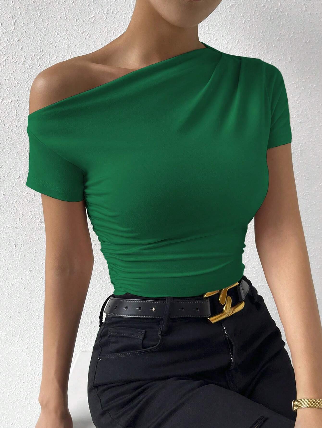 Glyssa T-shirt ajusté à col asymétrique froncé de couleur unie d'été — vue 13