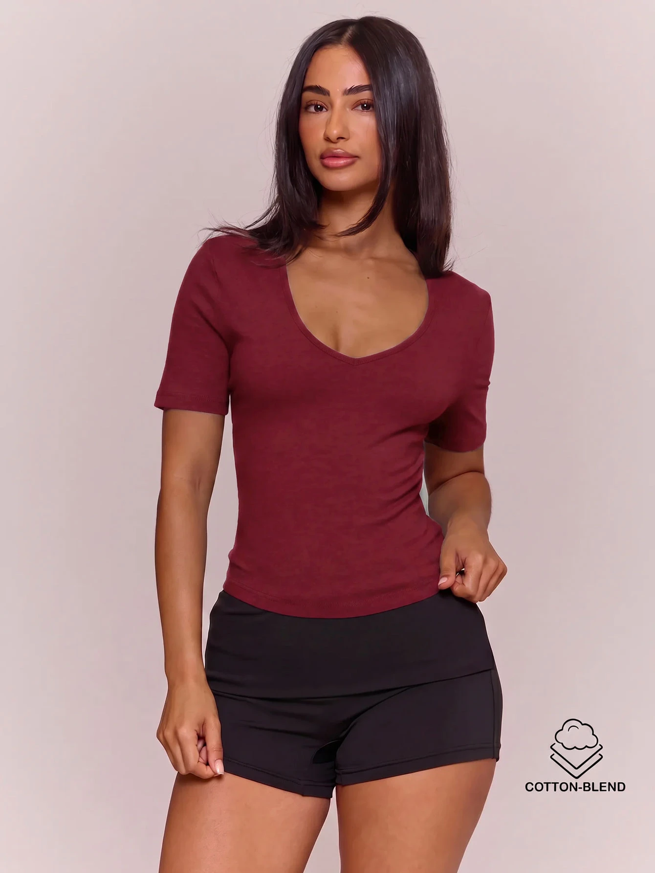 MUSERA ESSENTIALS T-shirt ajusté à col en V en mélange de coton, manches courtes, top — vue 2