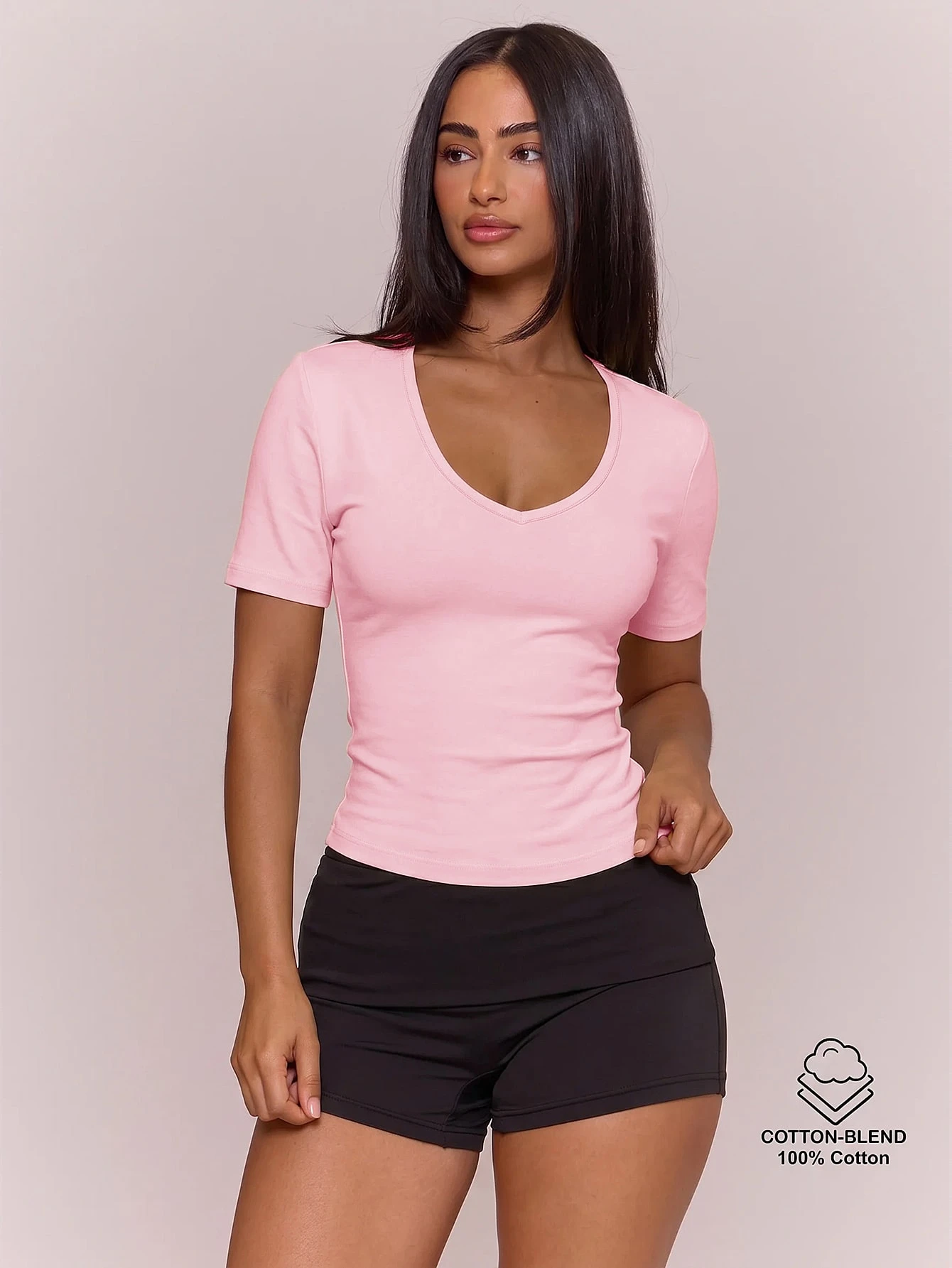 MUSERA ESSENTIALS T-shirt ajusté à col en V en mélange de coton, manches courtes, top — vue 3