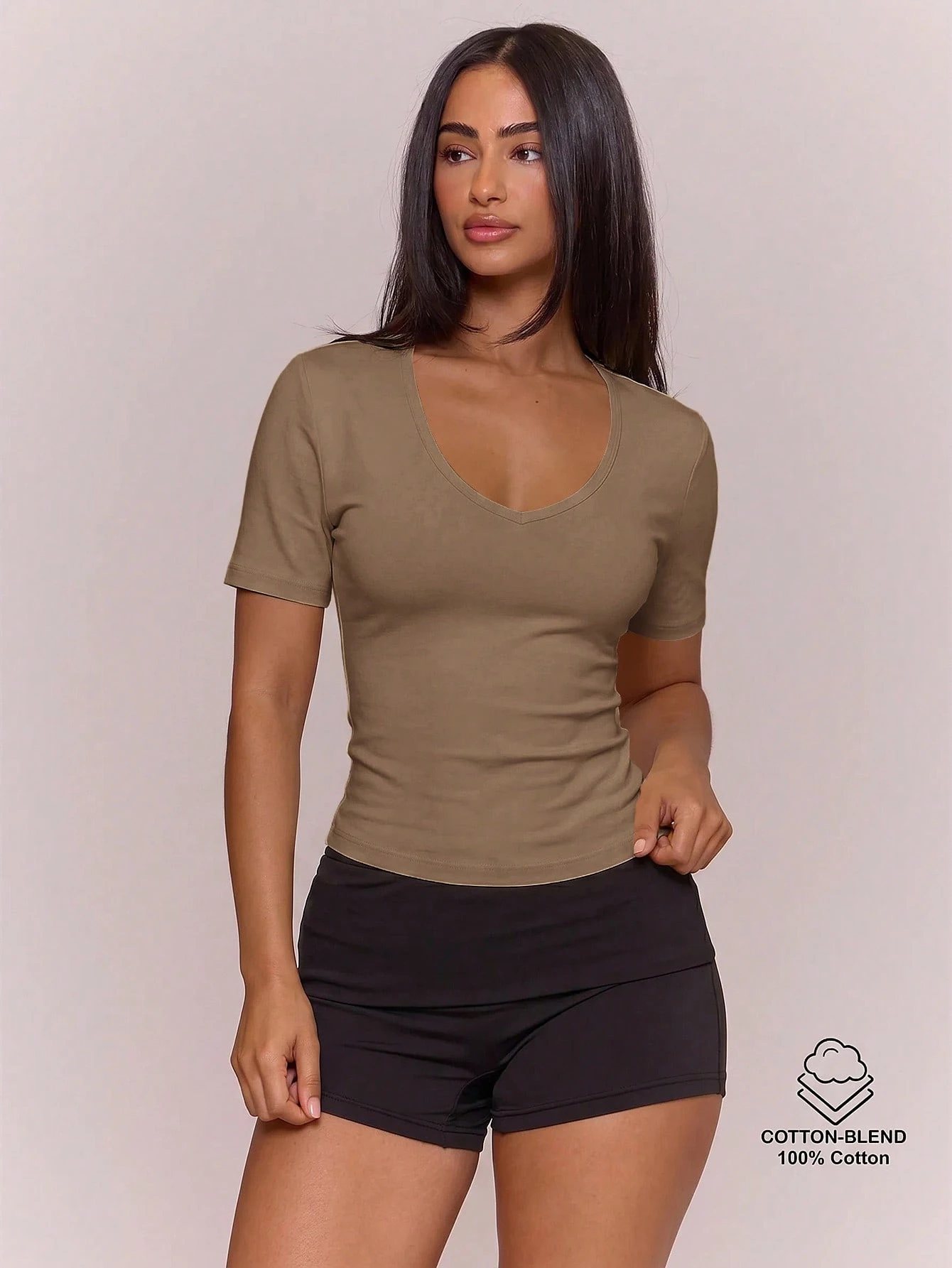MUSERA ESSENTIALS T-shirt ajusté à col en V en mélange de coton, manches courtes, top — vue 6