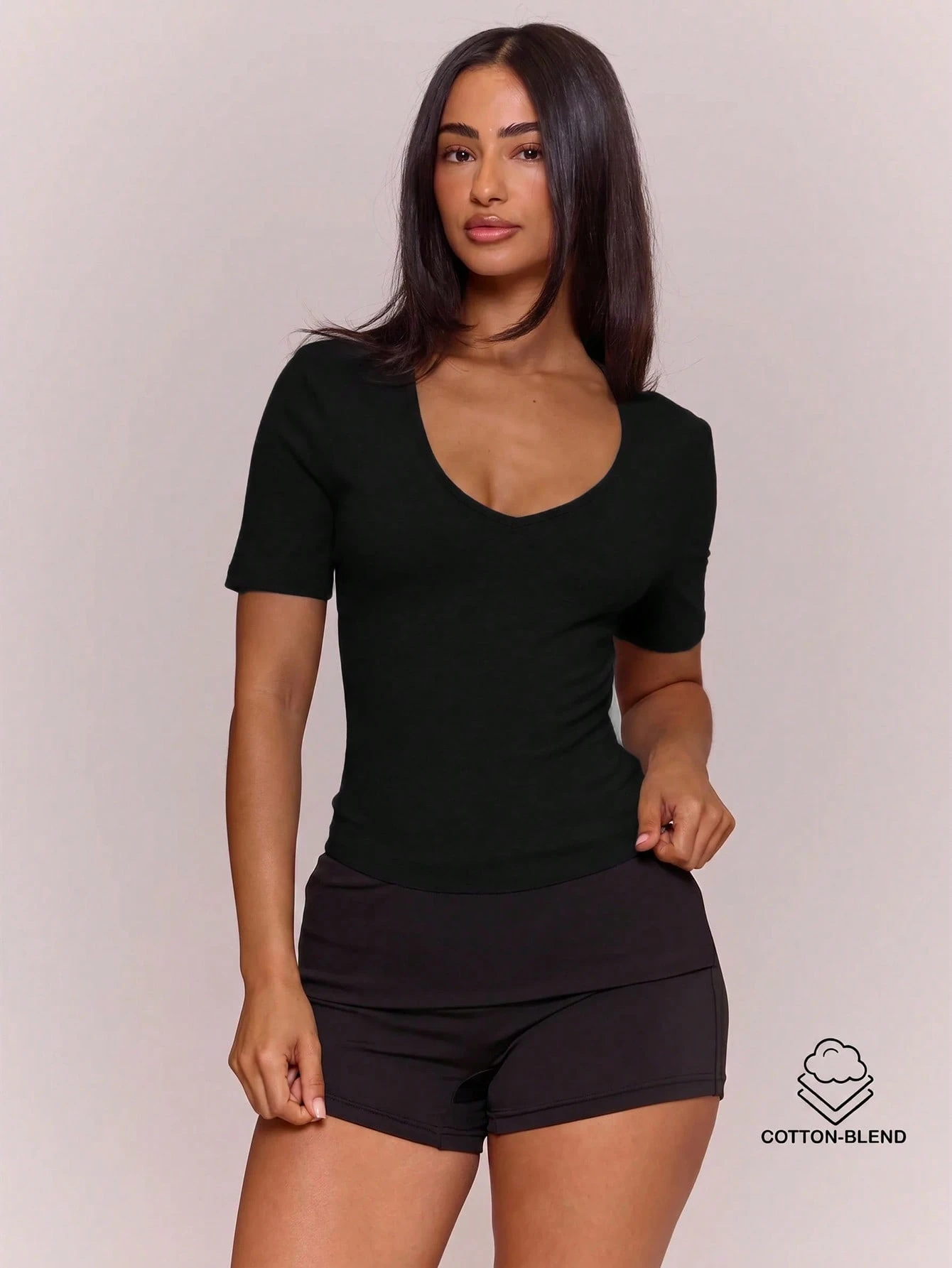 MUSERA ESSENTIALS T-shirt col V ajusté en coton mélangé à manches courtes, top basique — vue 2
