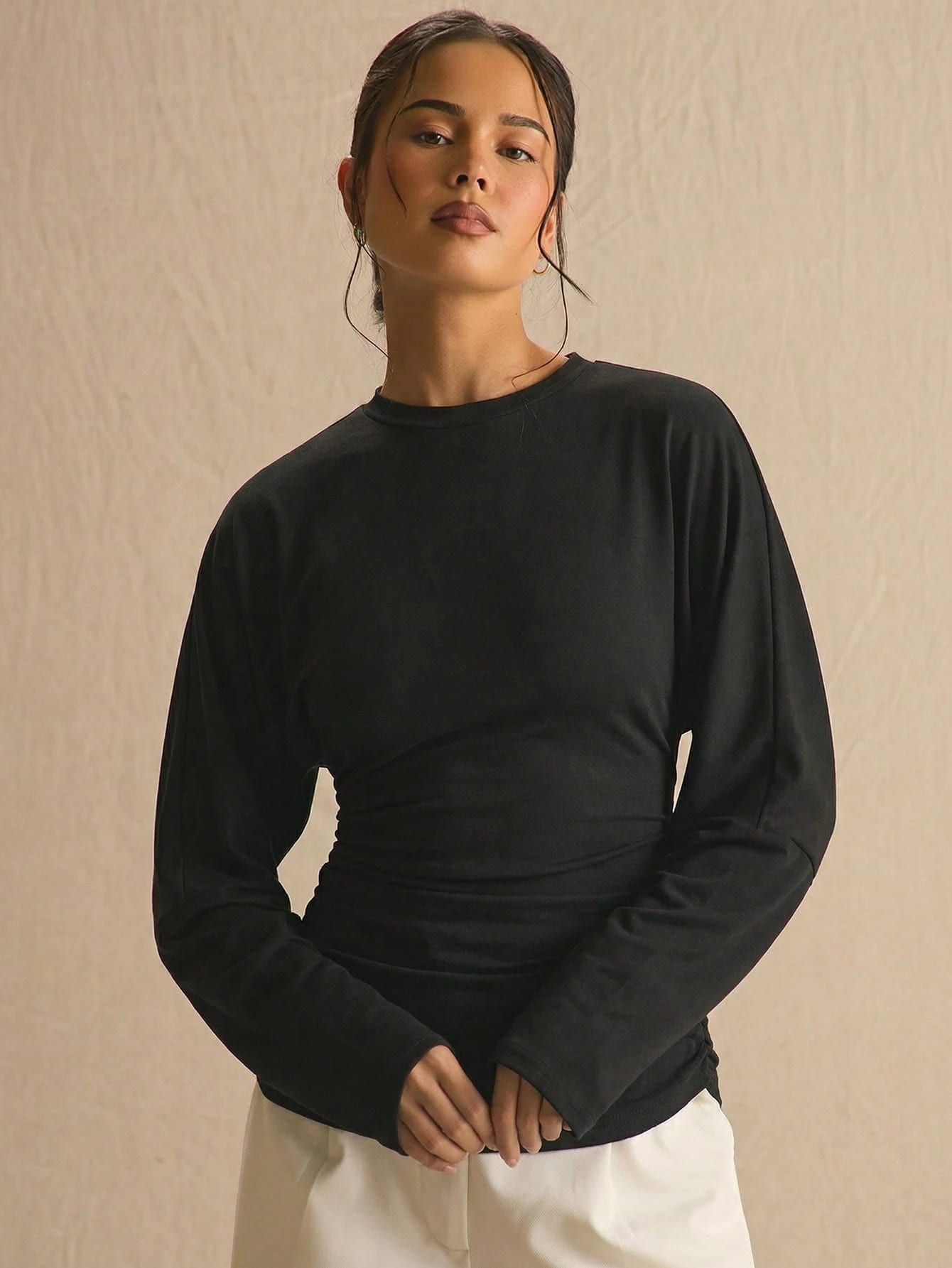 MUSERA Top à manches chauve-souris à taille froncée et plissée, unicolore, printemps