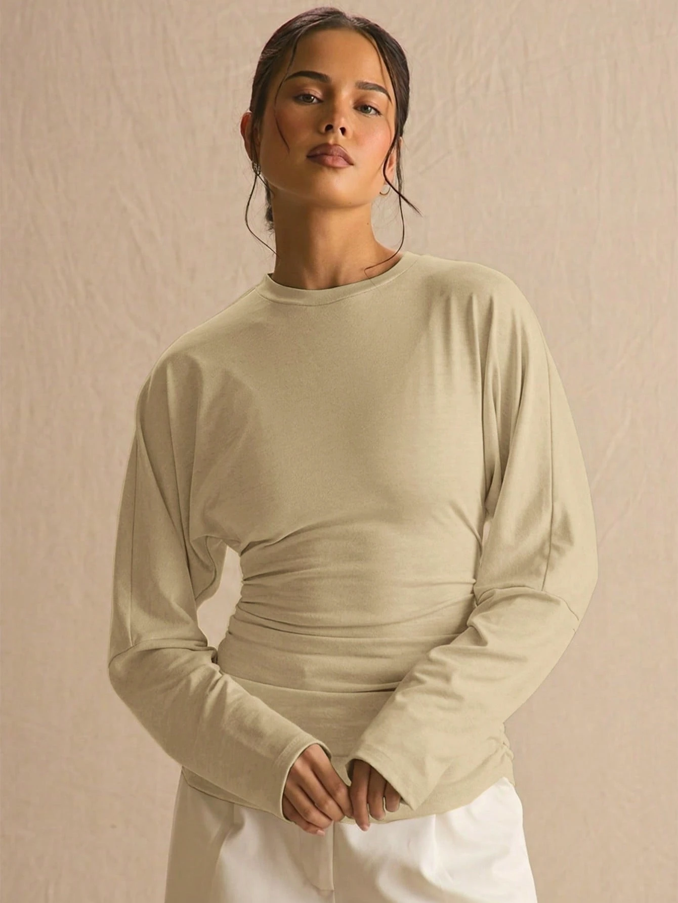 MUSERA Top à manches chauve-souris à taille froncée et plissée, unicolore, printemps — vue 3