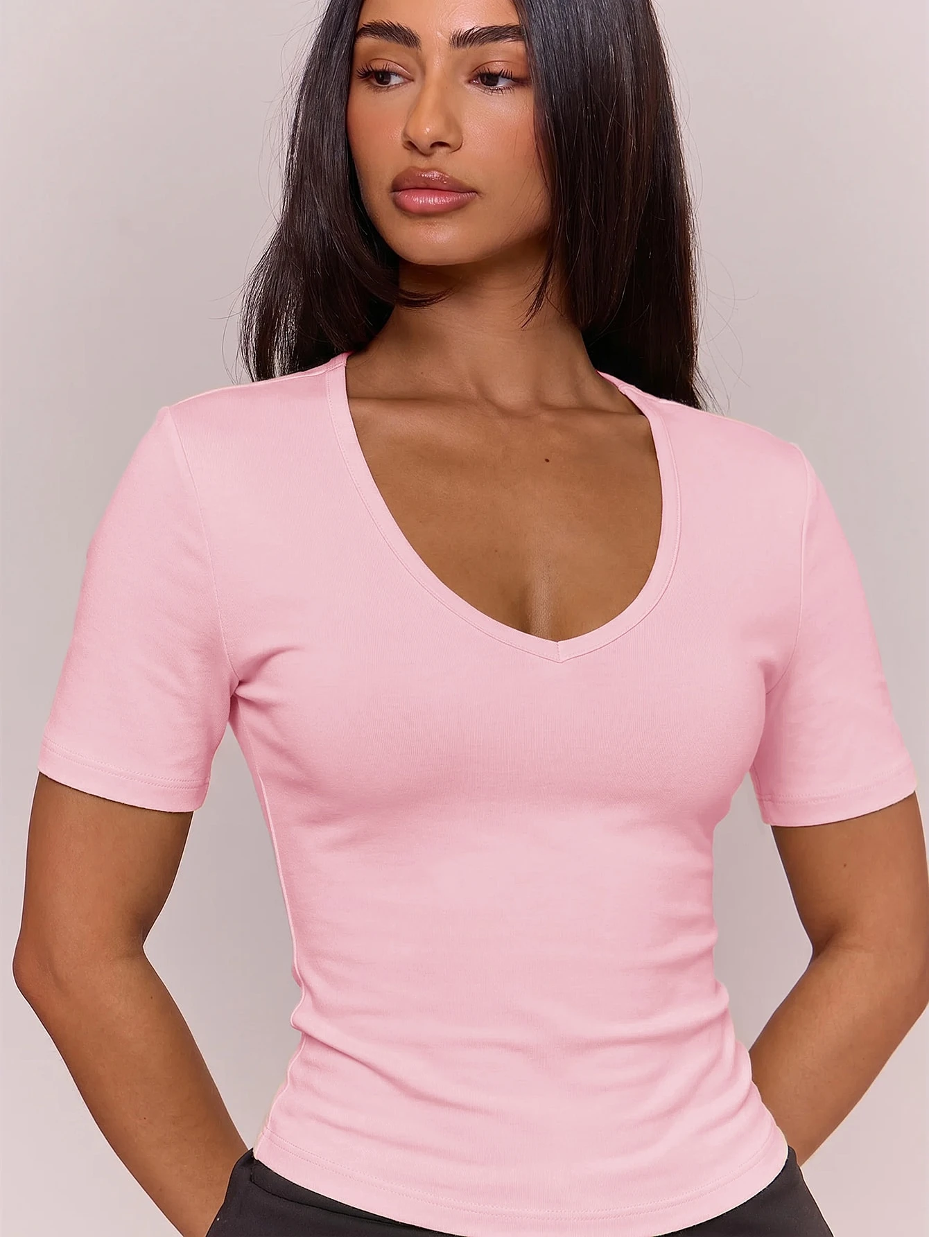 MUSERA ESSENTIALS T-shirt col V ajusté en coton mélangé à manches courtes, top basique — vue 11