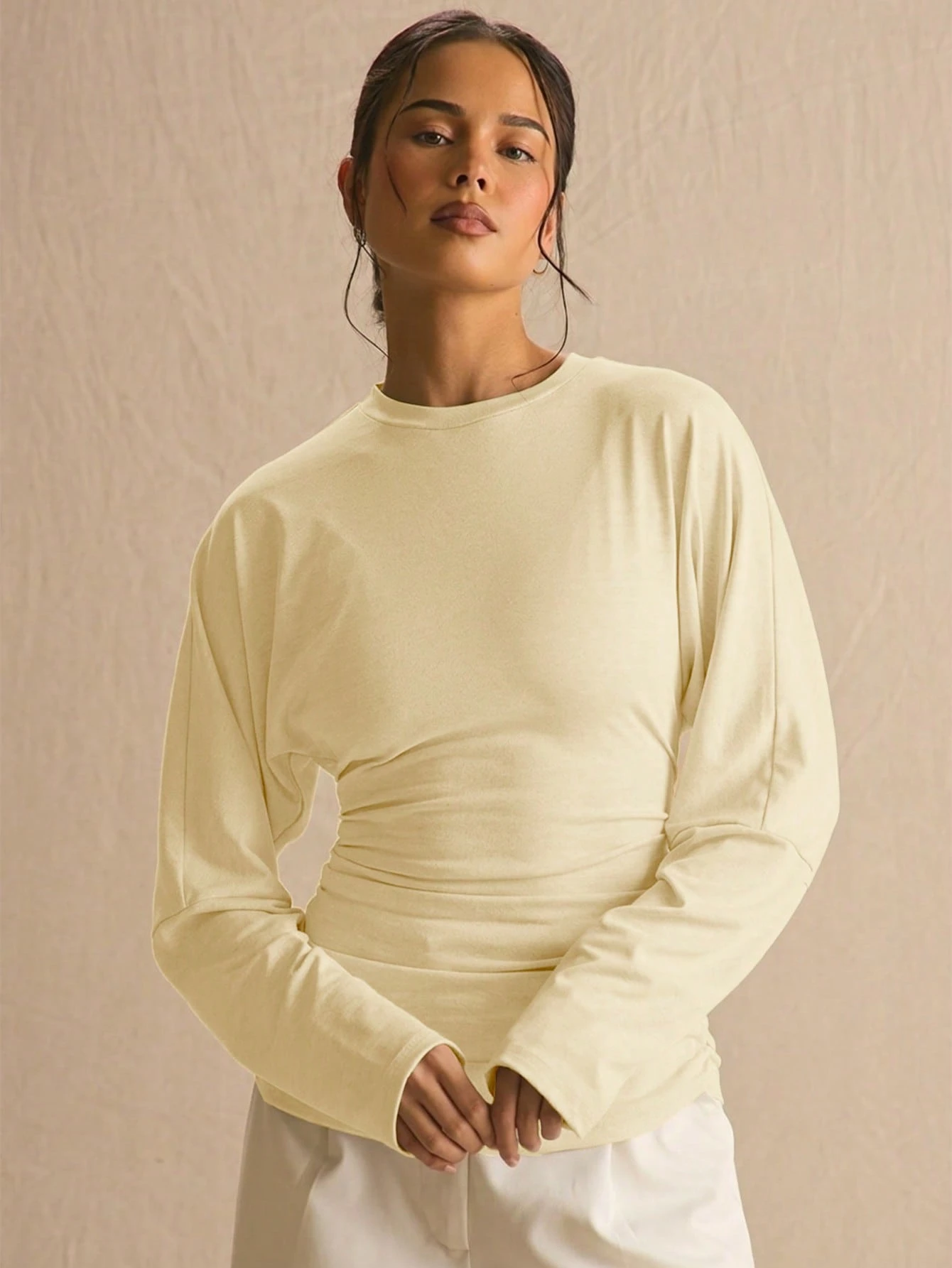 MUSERA Top à manches chauve-souris à taille froncée et plissée, unicolore, printemps — vue 8