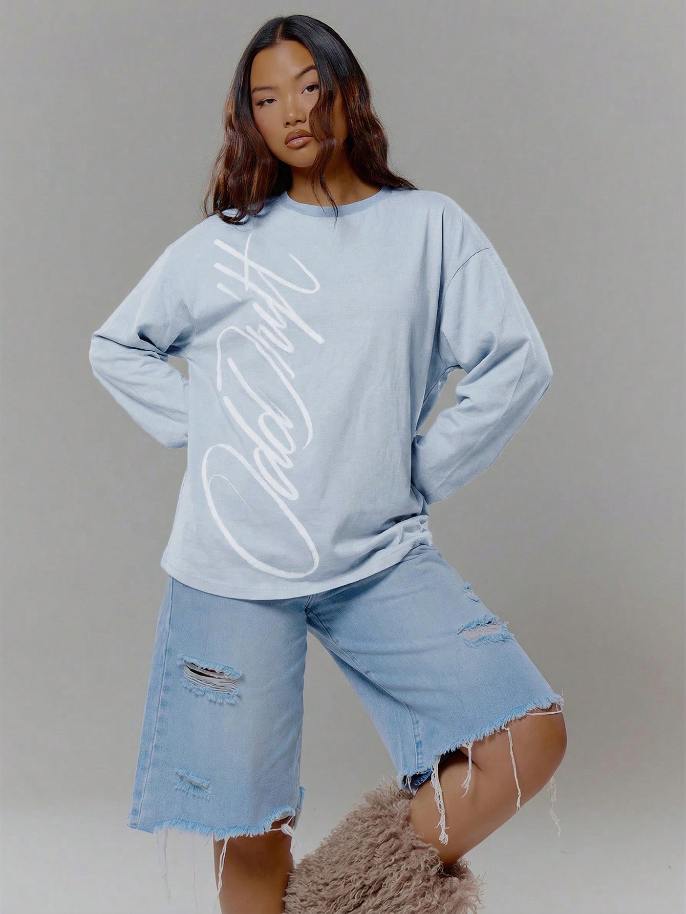 MUSERA Top à manches longues imprimé graphique oversize, streetwear coolgirl, sexy