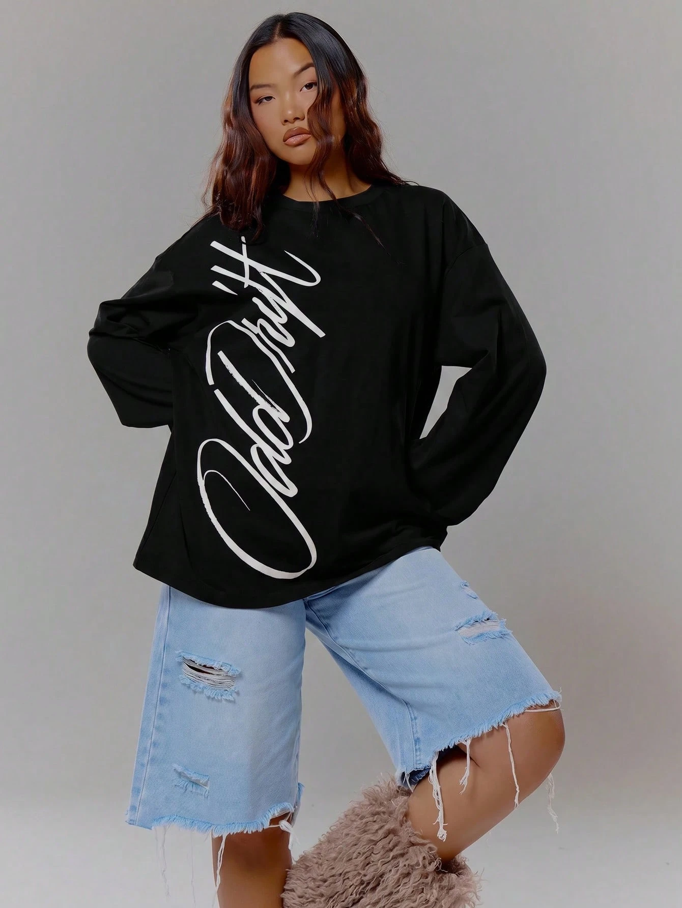 MUSERA Top à manches longues imprimé graphique oversize, streetwear coolgirl, sexy — vue 2
