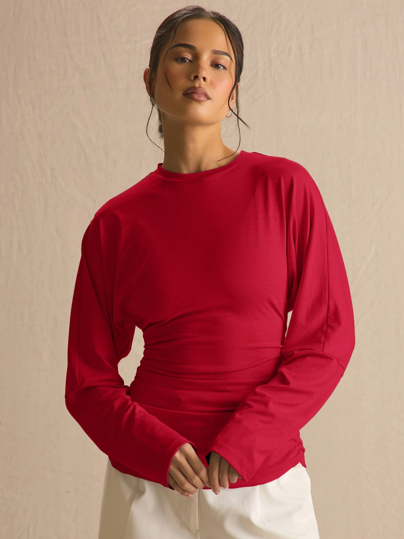 MUSERA Top à manches longues chauve-souris avec taille froncée et plissée, printemps — vue 7