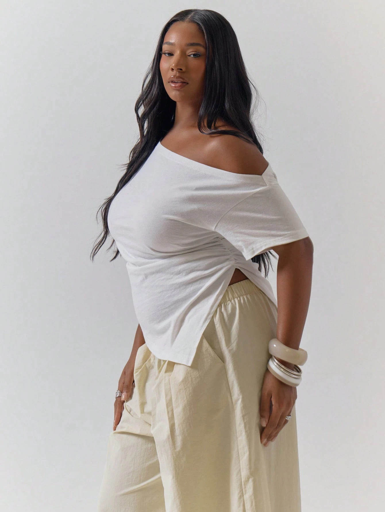 MUSERA Top blanc en coton asymétrique à une épaule froncé, décontracté, pour fête, hiver, — vue 4
