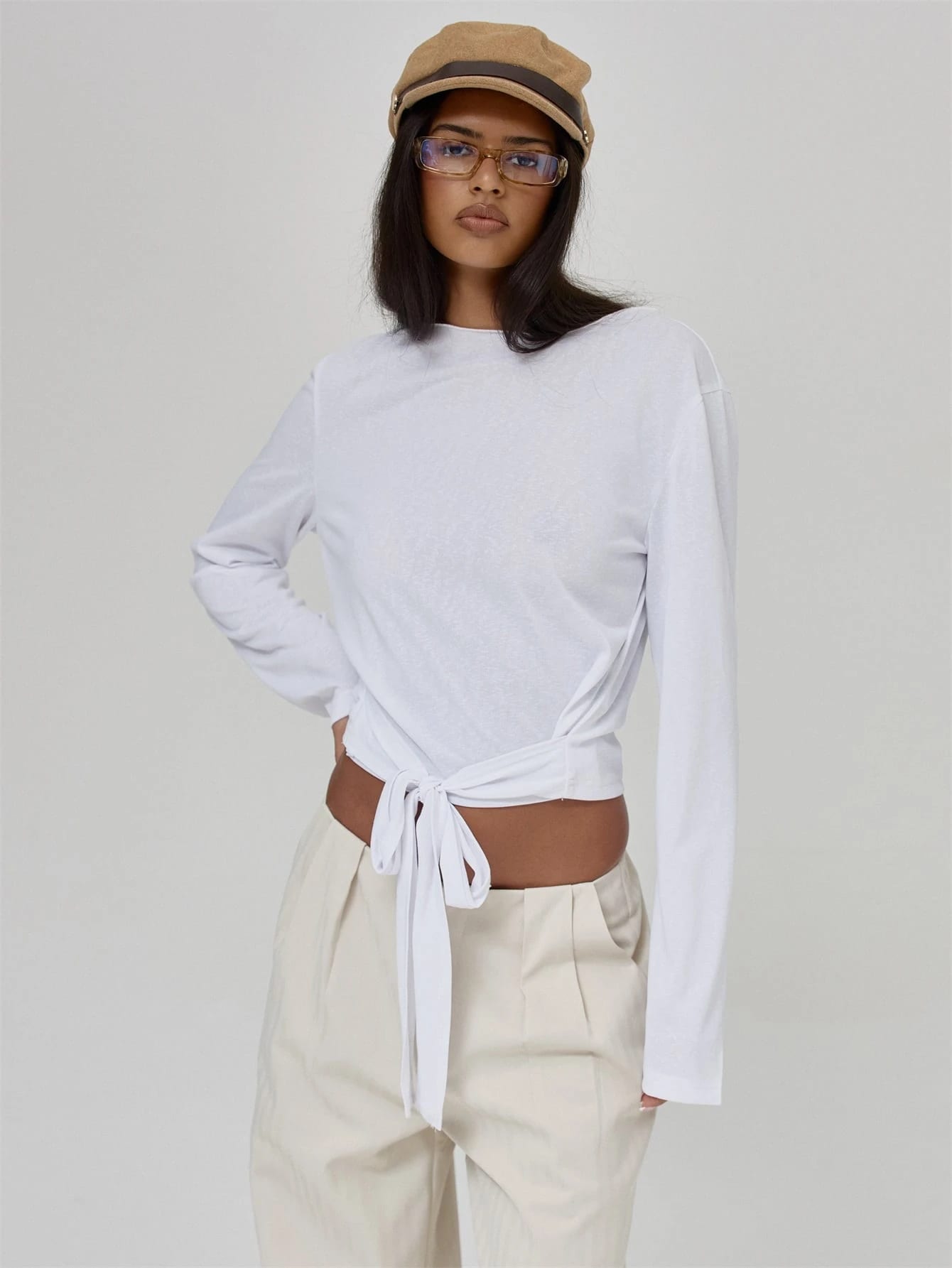 MUSERA Top col bateau coupe ample manches longues détail taille automne hiver mignon