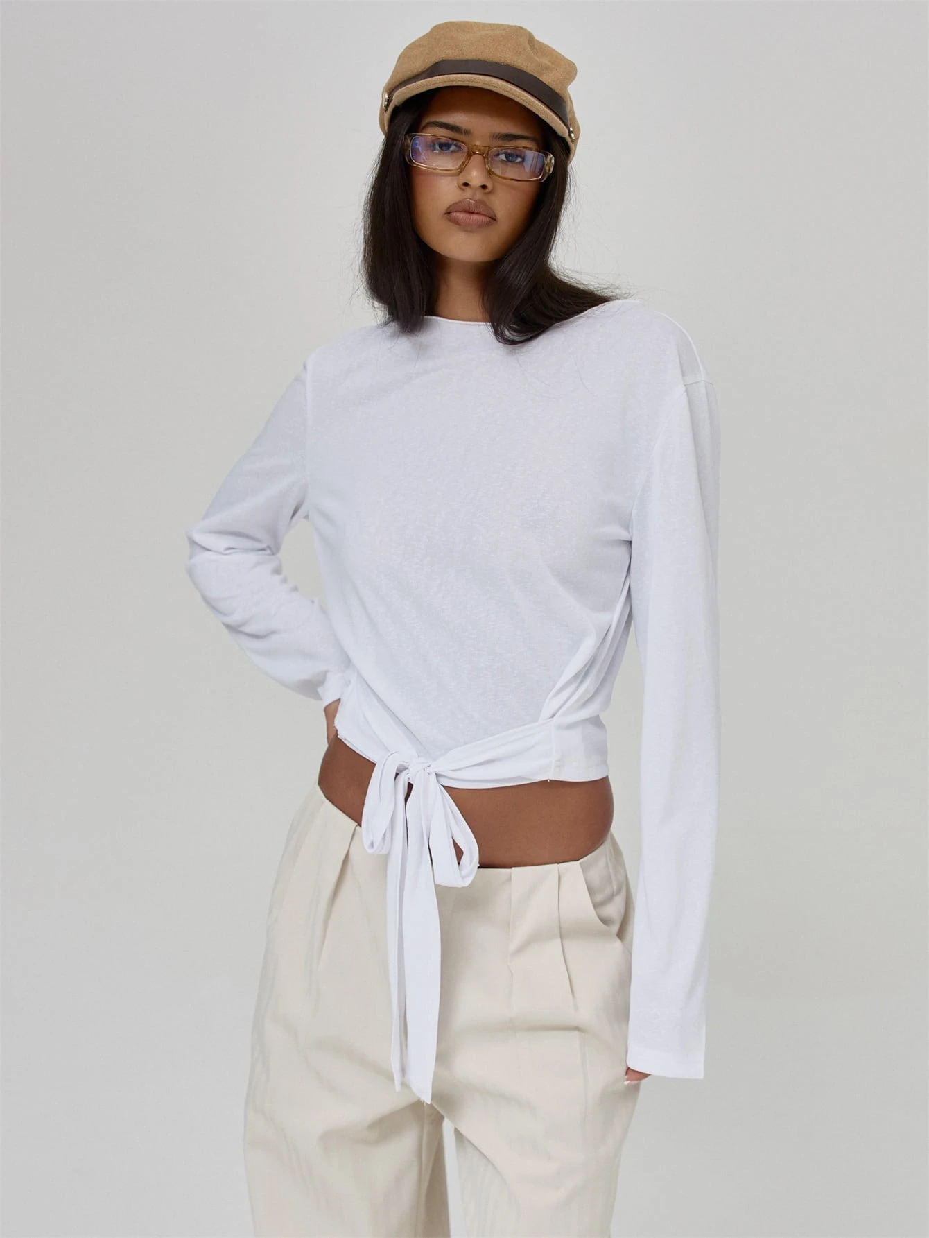 MUSERA Top col bateau coupe ample manches longues détail taille automne hiver mignon