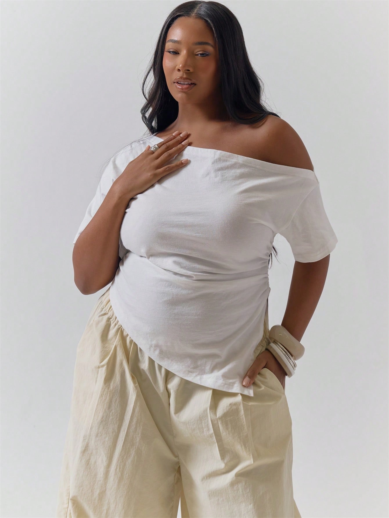MUSERA Top blanc en coton asymétrique à une épaule froncé, décontracté, pour fête, hiver, — vue 2