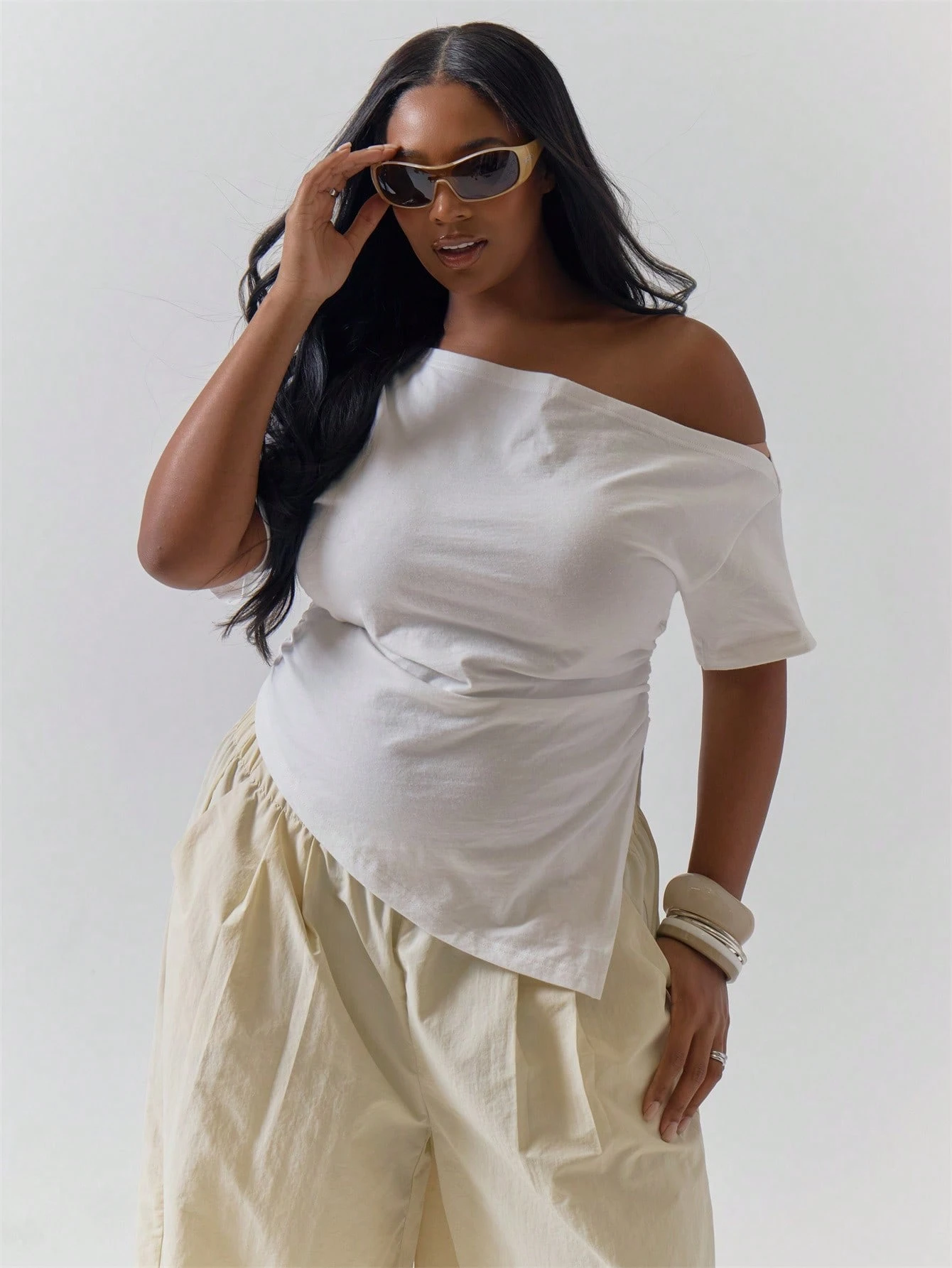 MUSERA Top blanc en coton asymétrique à une épaule froncé, décontracté, pour fête, hiver,