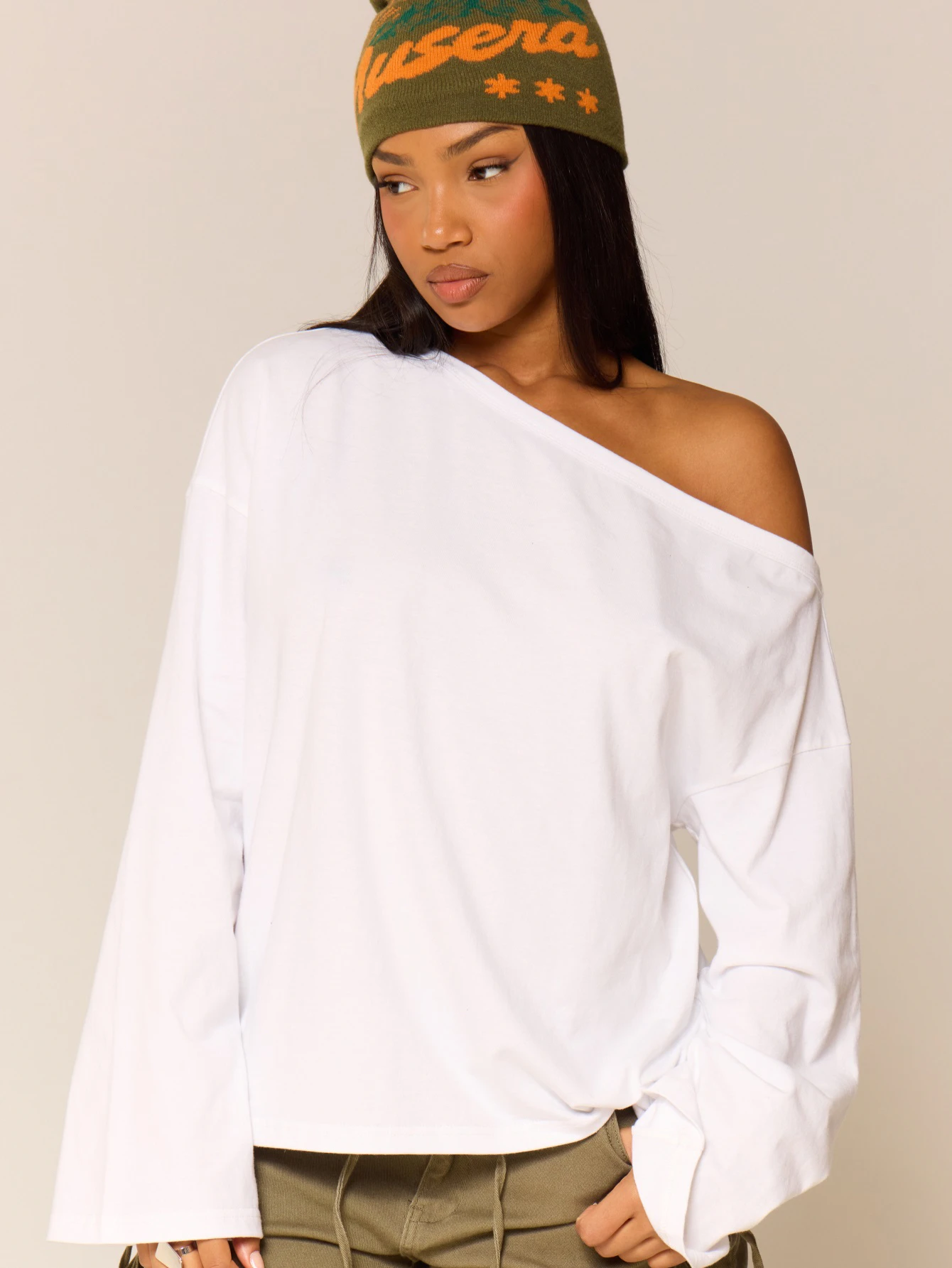 MUSERA T-shirt blanc oversize à manches longues et épaules dénudées, basique pour le — vue 5