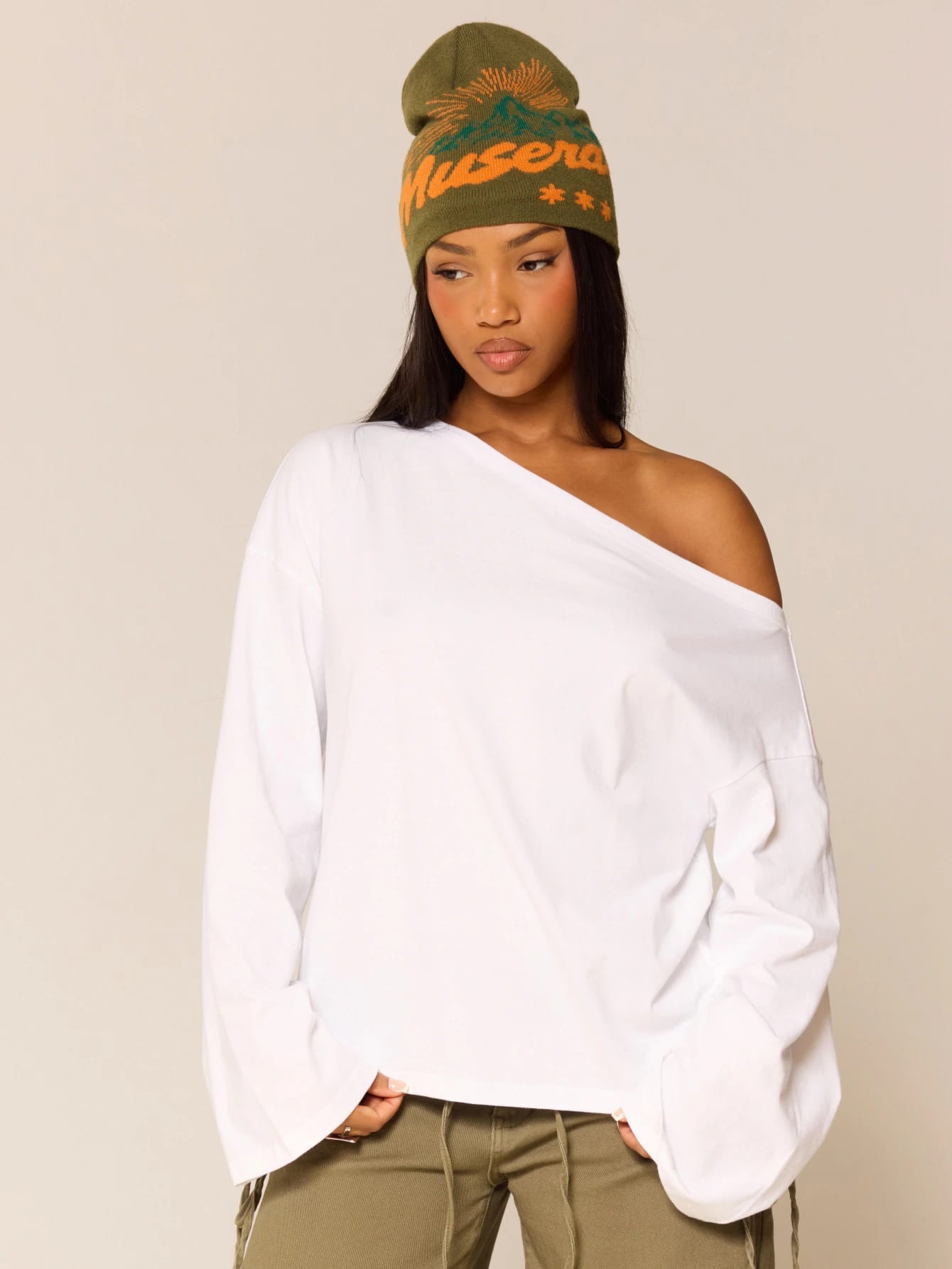 MUSERA T-shirt blanc oversize à manches longues et épaules dénudées, basique pour le