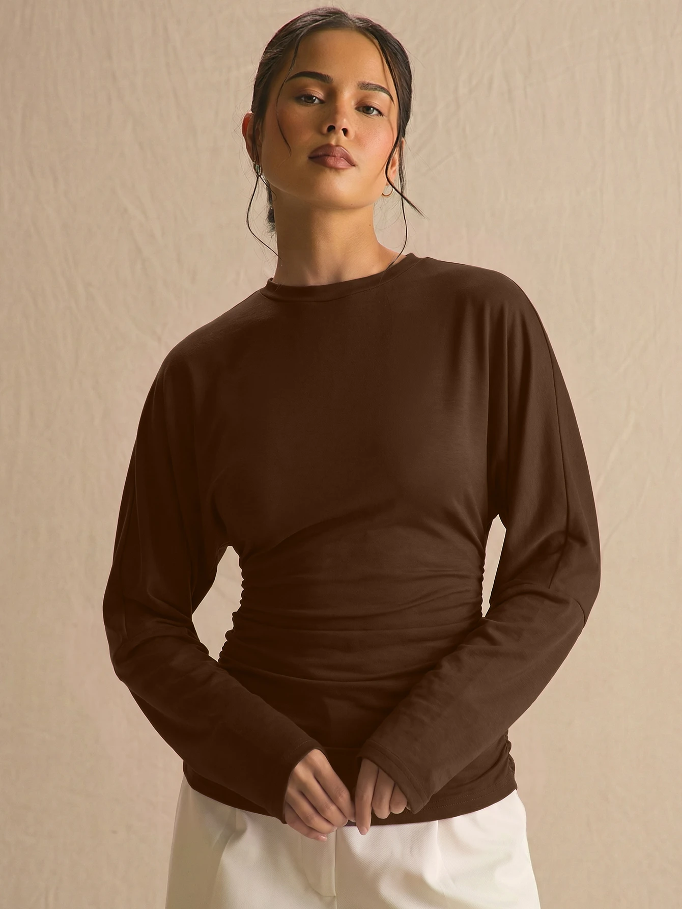 MUSERA Top à manches longues chauve-souris avec taille froncée et plissée, printemps — vue 13