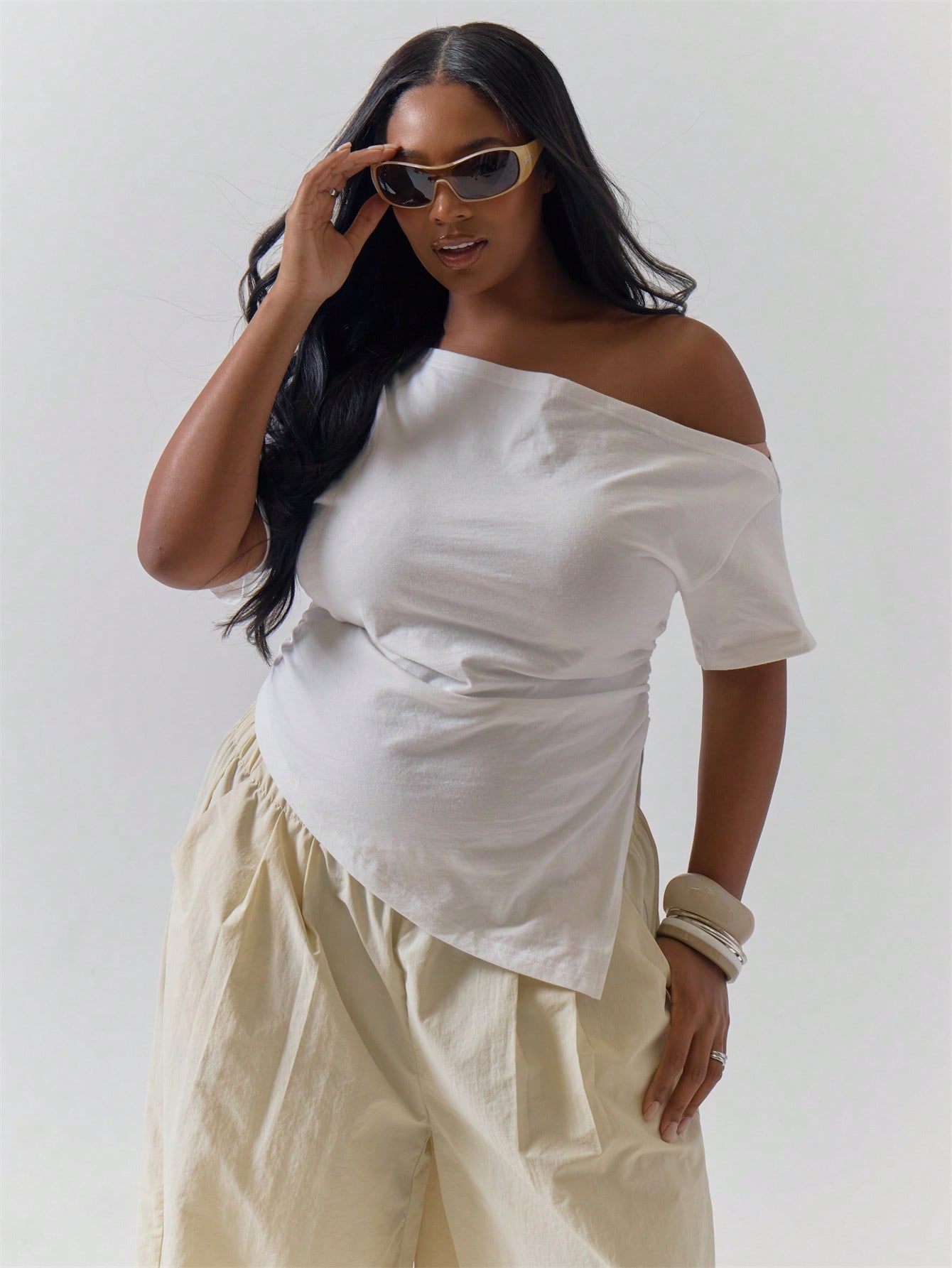 MUSERA Top blanc en coton asymétrique à une épaule froncé, décontracté, pour fête, hiver, — vue 8