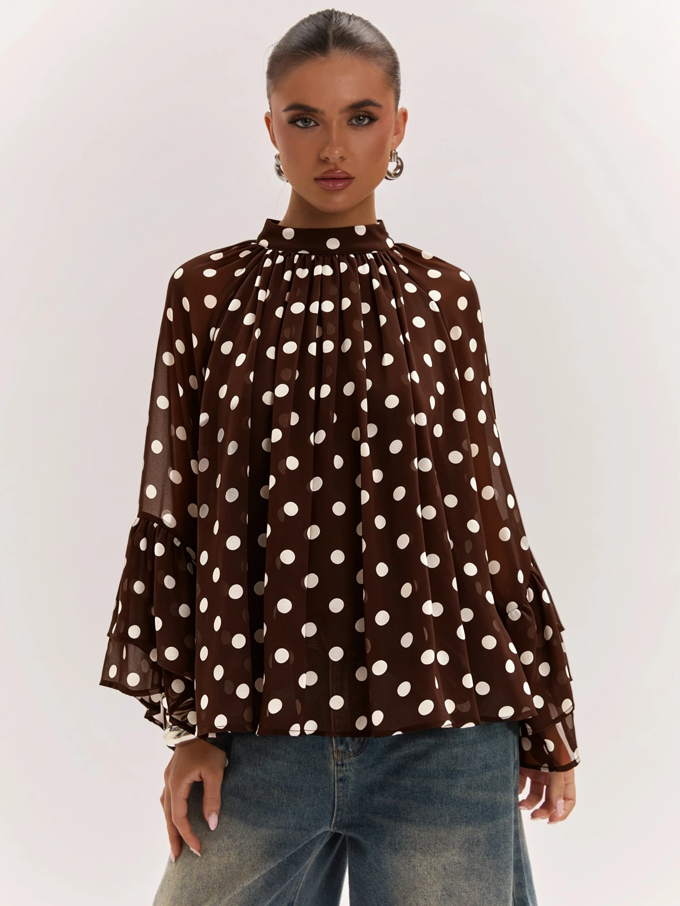 Blouse à imprimé à pois col rond à la mode et polyvalente pour femmes, convient — vue 3