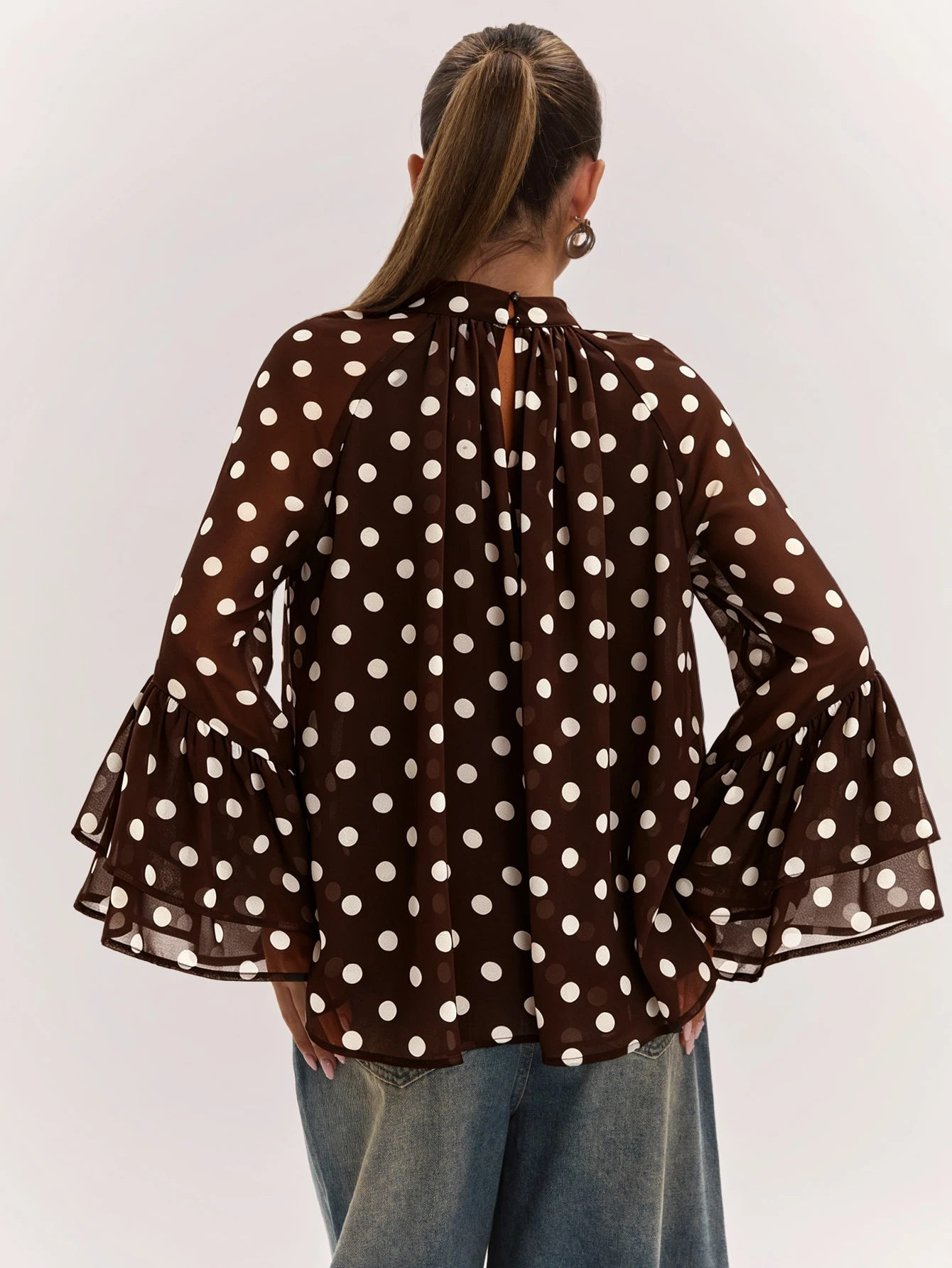 Blouse à imprimé à pois col rond à la mode et polyvalente pour femmes, convient — vue 6