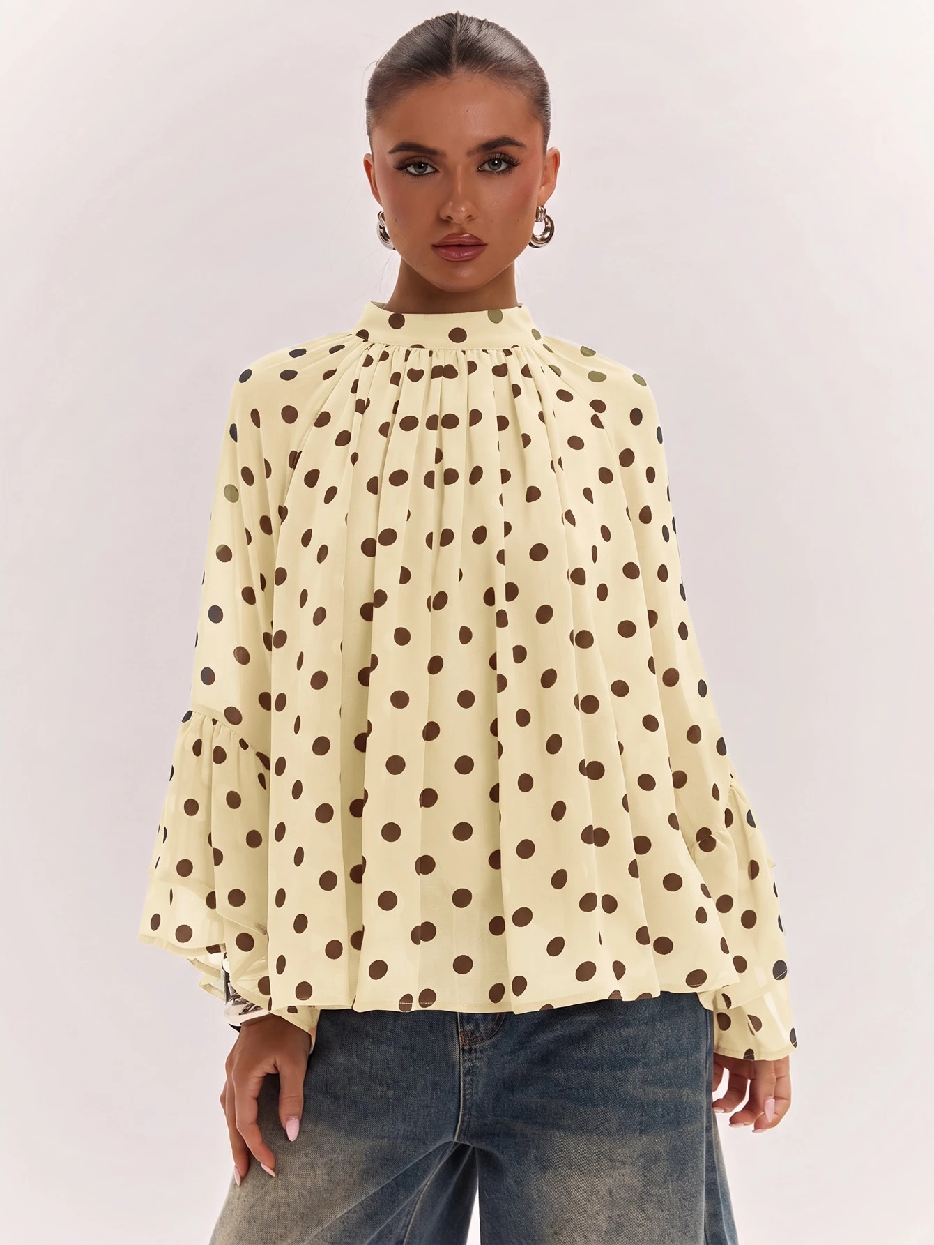 Blouse à imprimé à pois col rond à la mode et polyvalente pour femmes, convient — vue 2