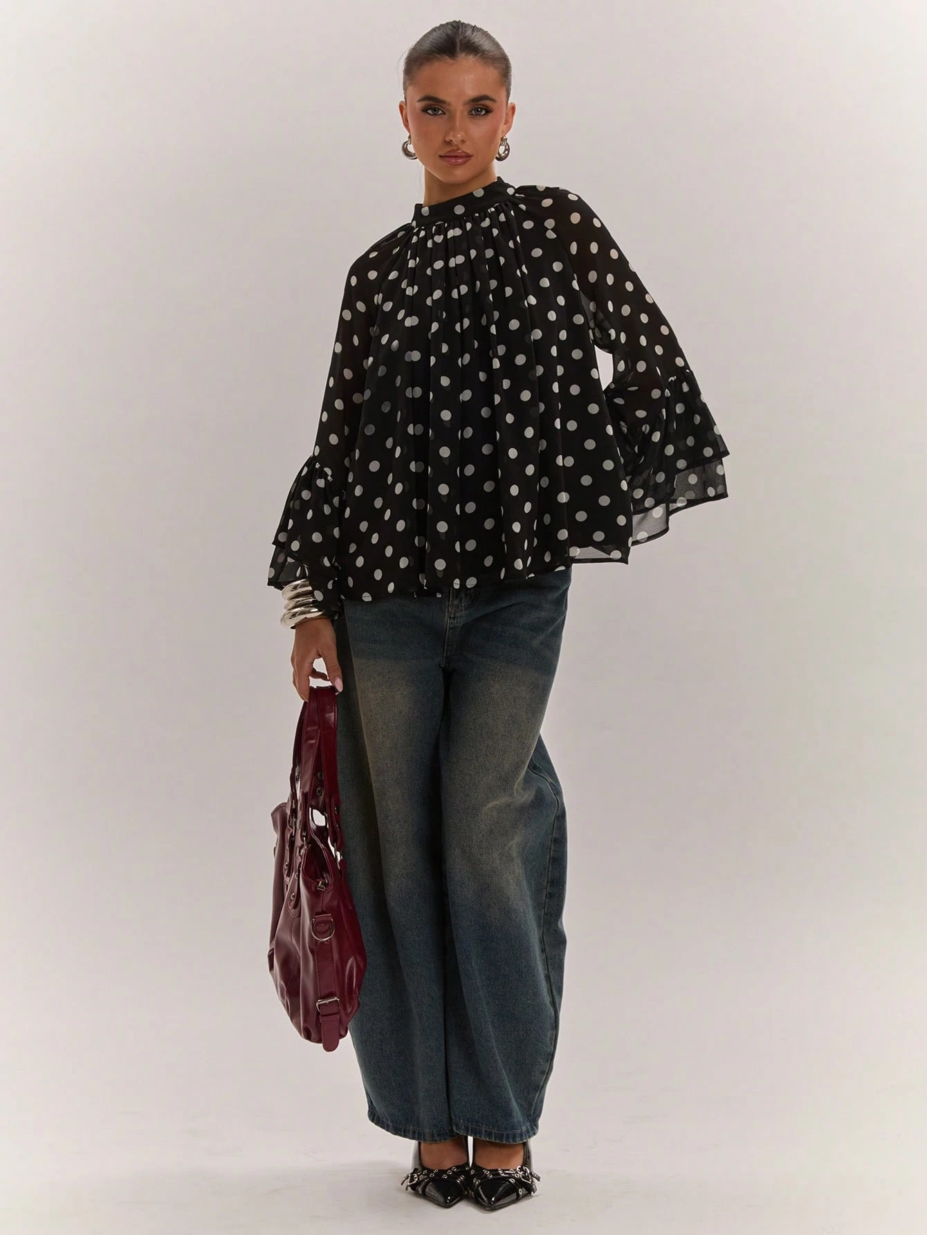 Blouse à imprimé à pois col rond à la mode et polyvalente pour femmes, convient