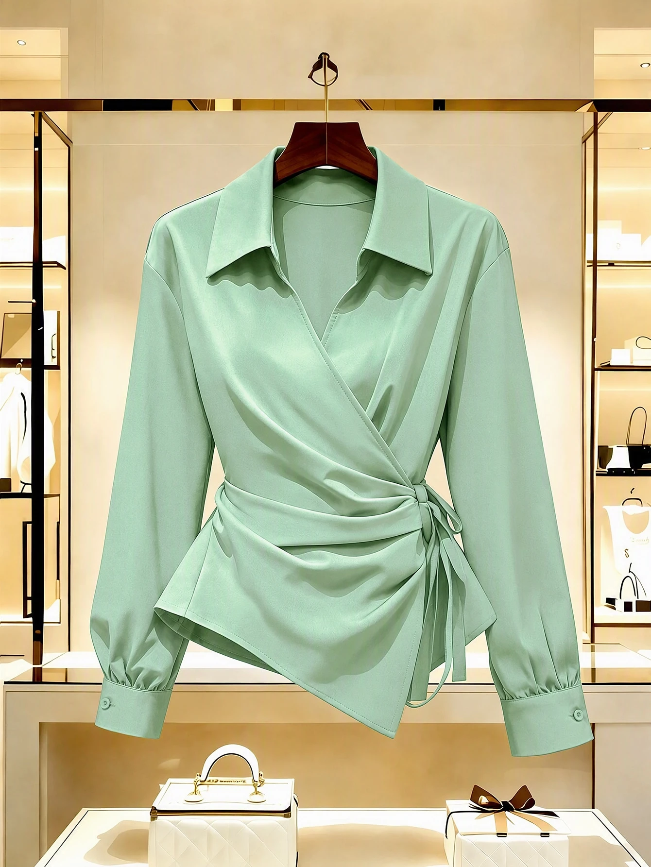 Franclia Blouse classique à manches lanternes, col V et taille nouée, pour le travail et — vue 3