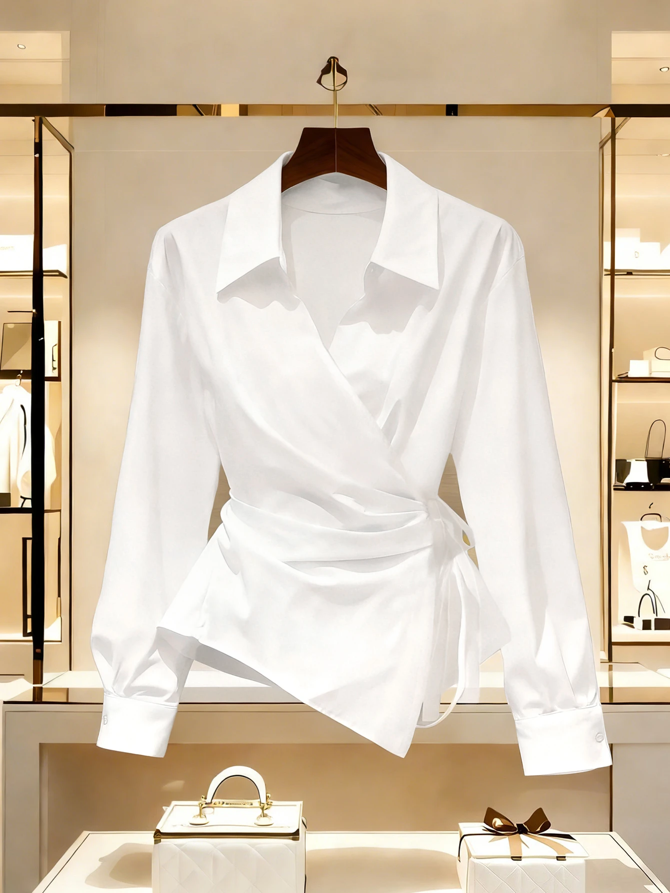 Franclia Blouse classique à manches lanternes, col V et taille nouée, pour le travail et