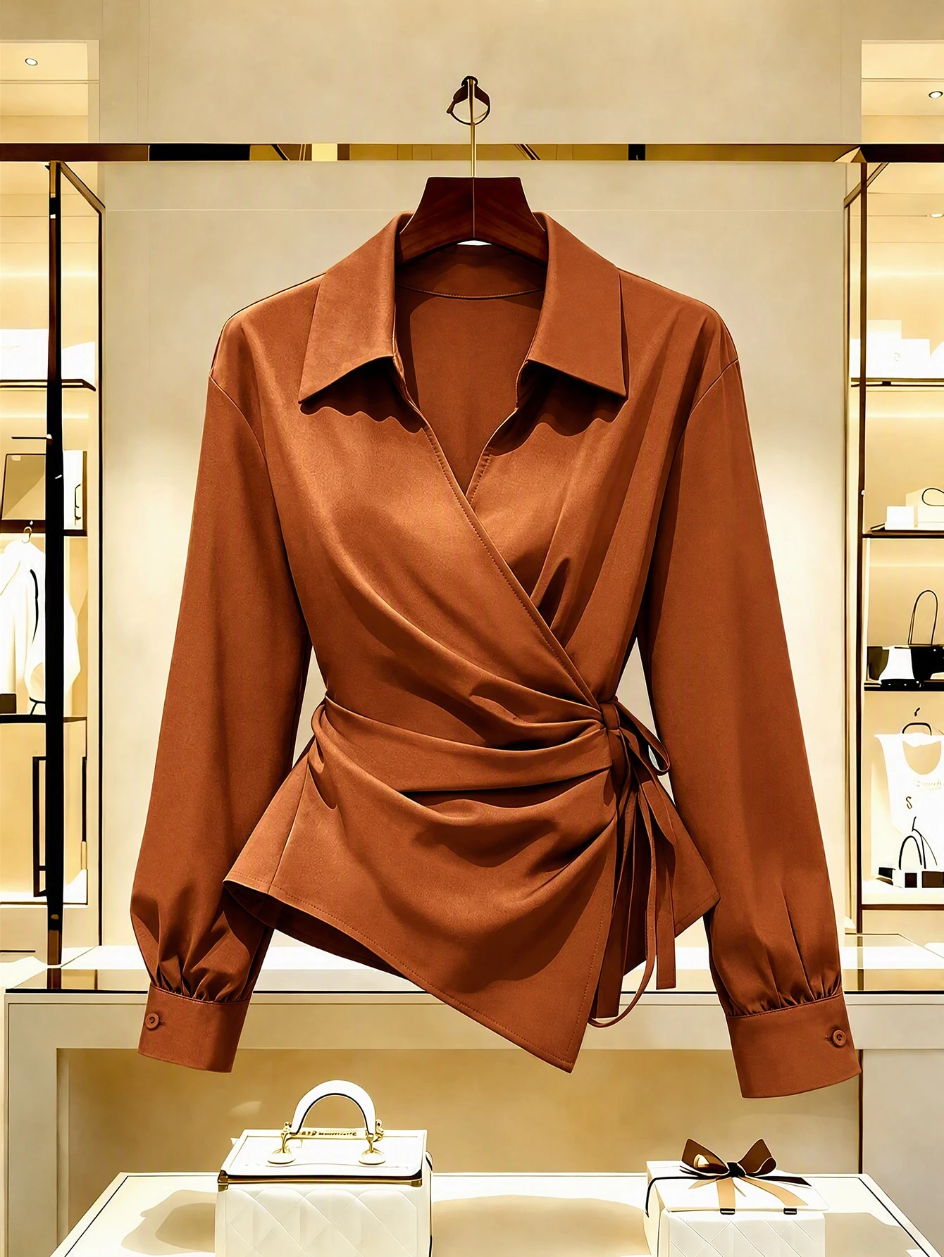 Franclia Blouse classique à manches lanternes, col V et taille nouée, pour le travail et — vue 4
