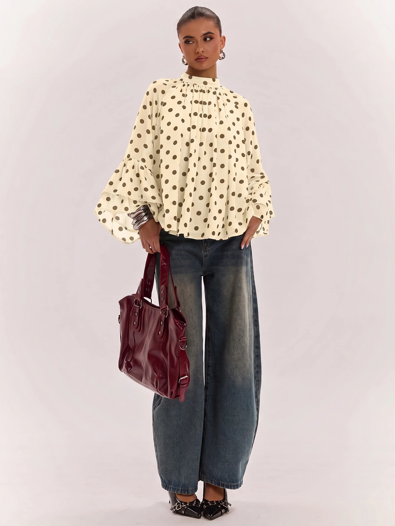Blouse à imprimé à pois col rond à la mode et polyvalente pour femmes, convient — vue 8