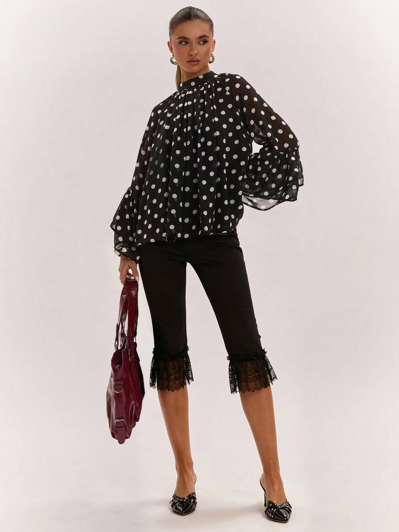 Blouse à imprimé à pois col rond à la mode et polyvalente pour femmes, convient — vue 10