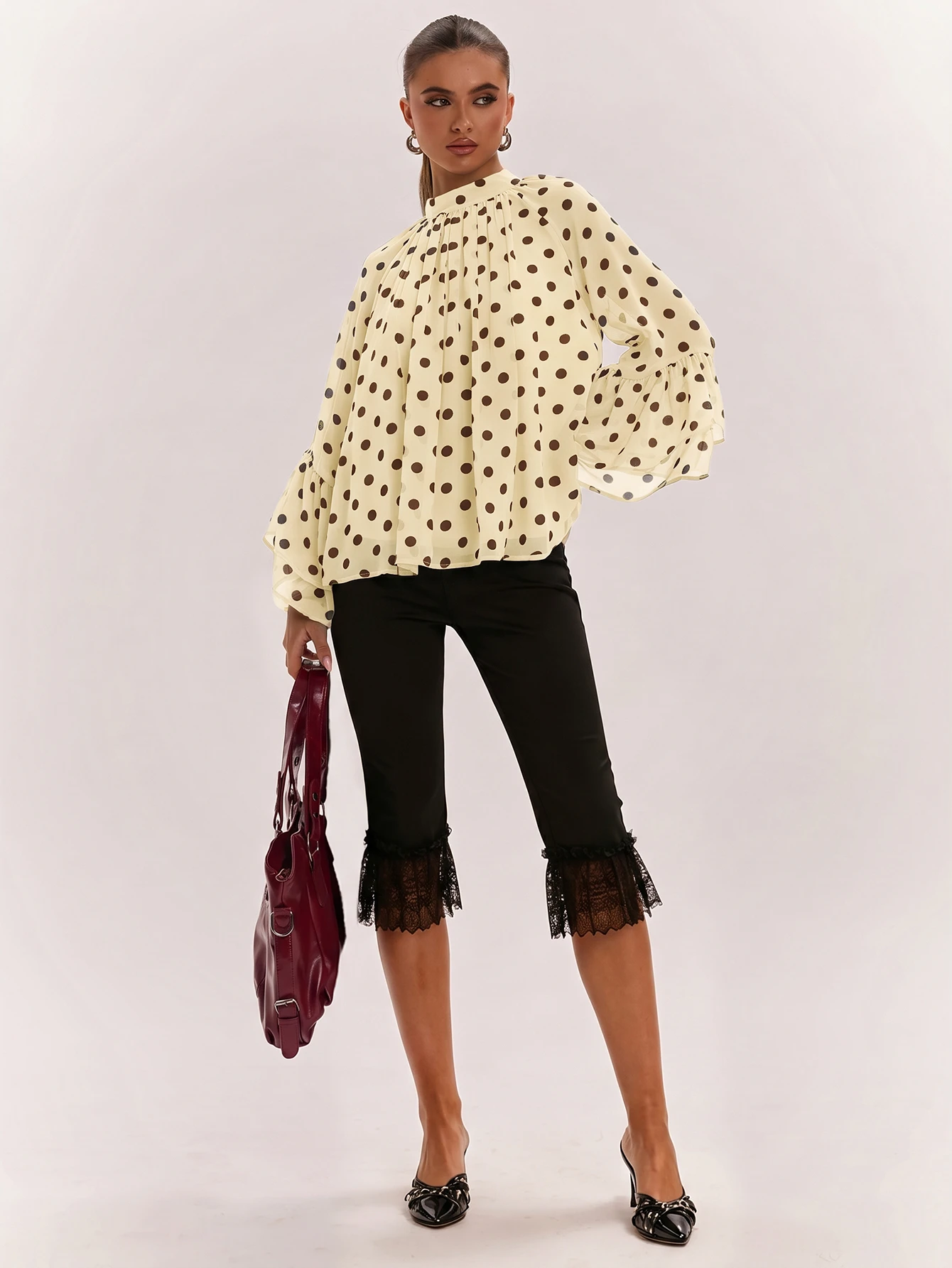 Blouse à imprimé à pois col rond à la mode et polyvalente pour femmes, convient — vue 11