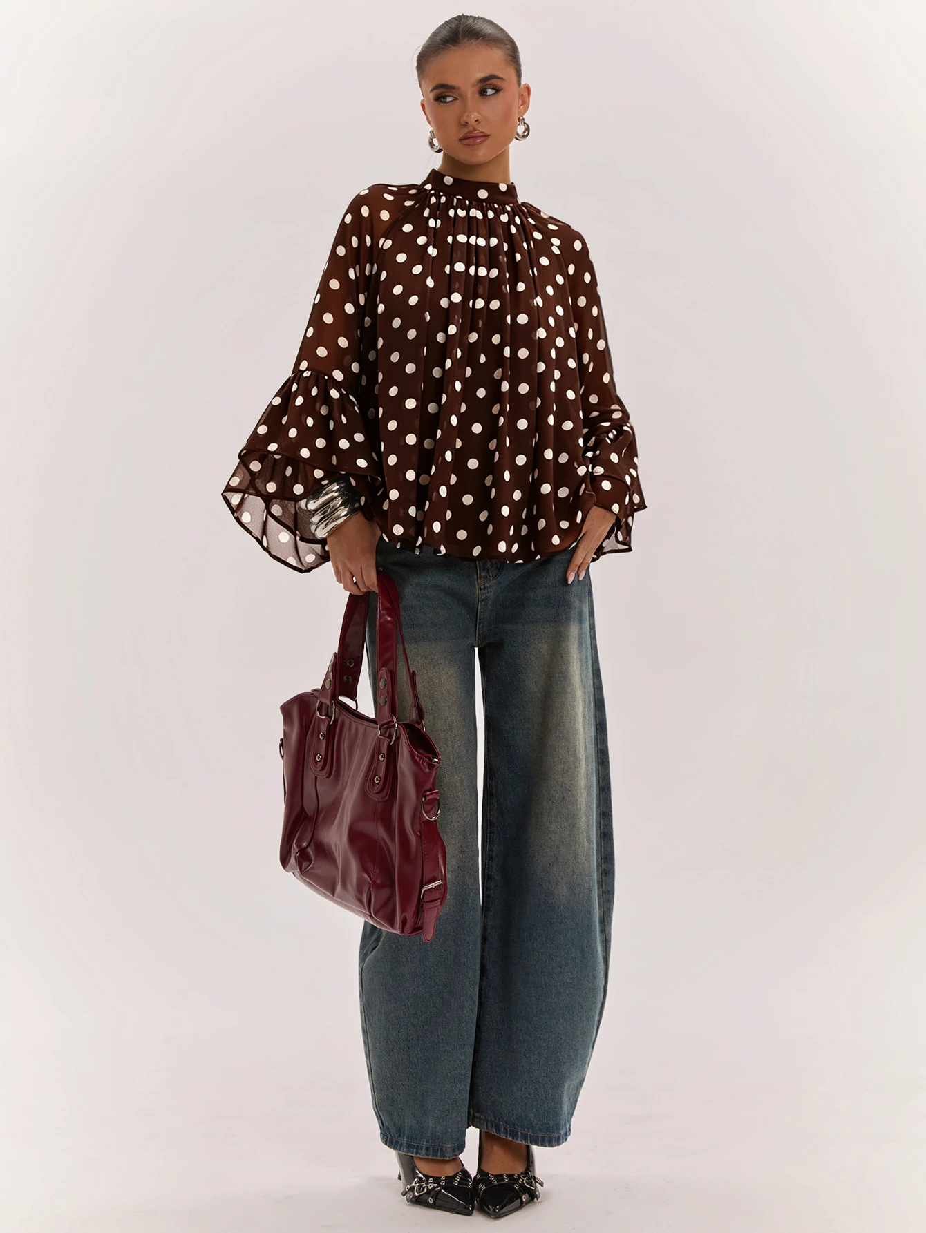 Blouse à imprimé à pois col rond à la mode et polyvalente pour femmes, convient — vue 9