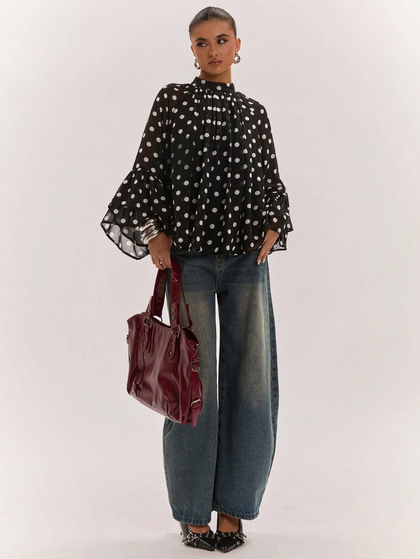 Blouse à imprimé à pois col rond à la mode et polyvalente pour femmes, convient — vue 7