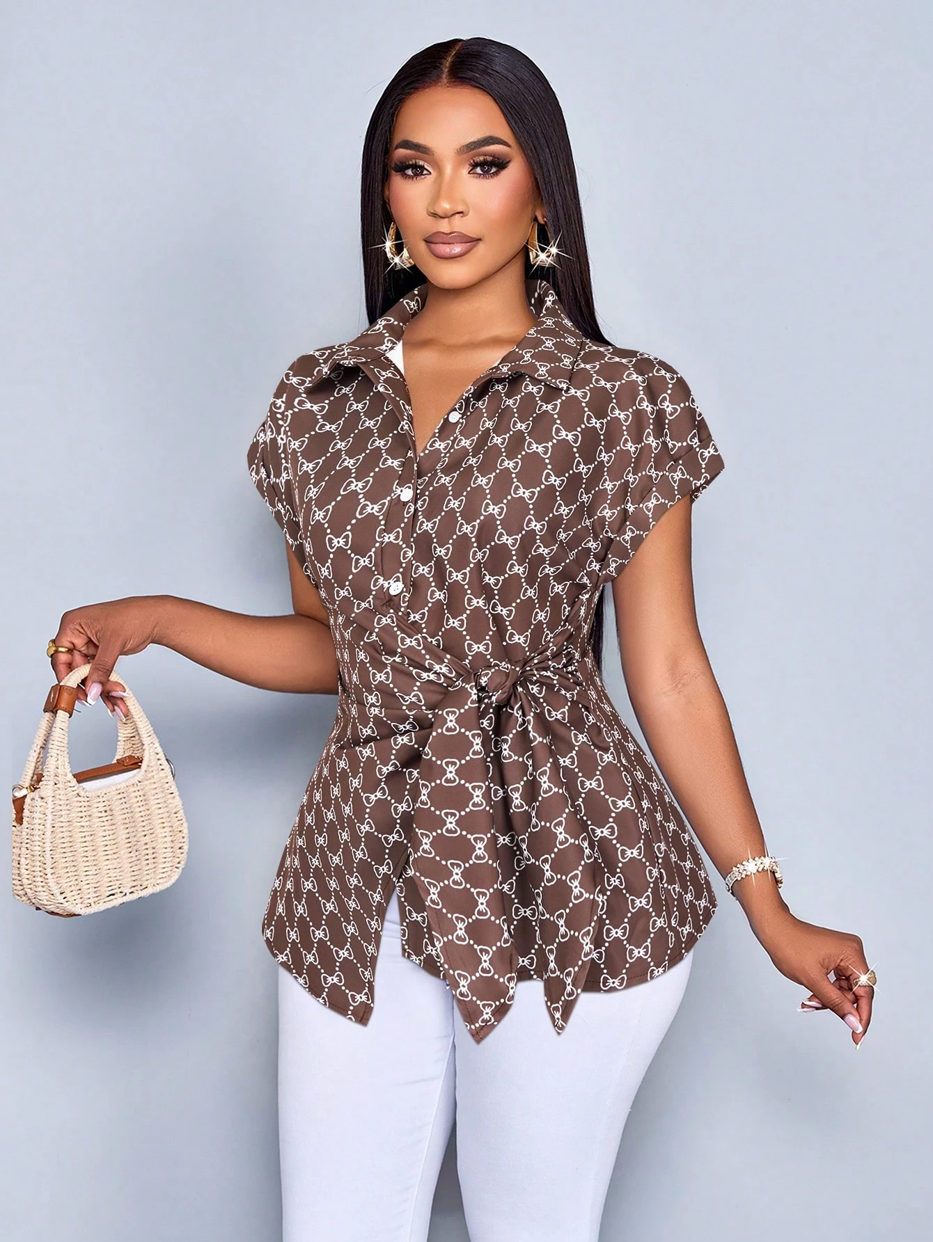 SOLERSUN Chemise femme à boutons avec imprimé à rayures, blouse avec détail de nœud avant — vue 6