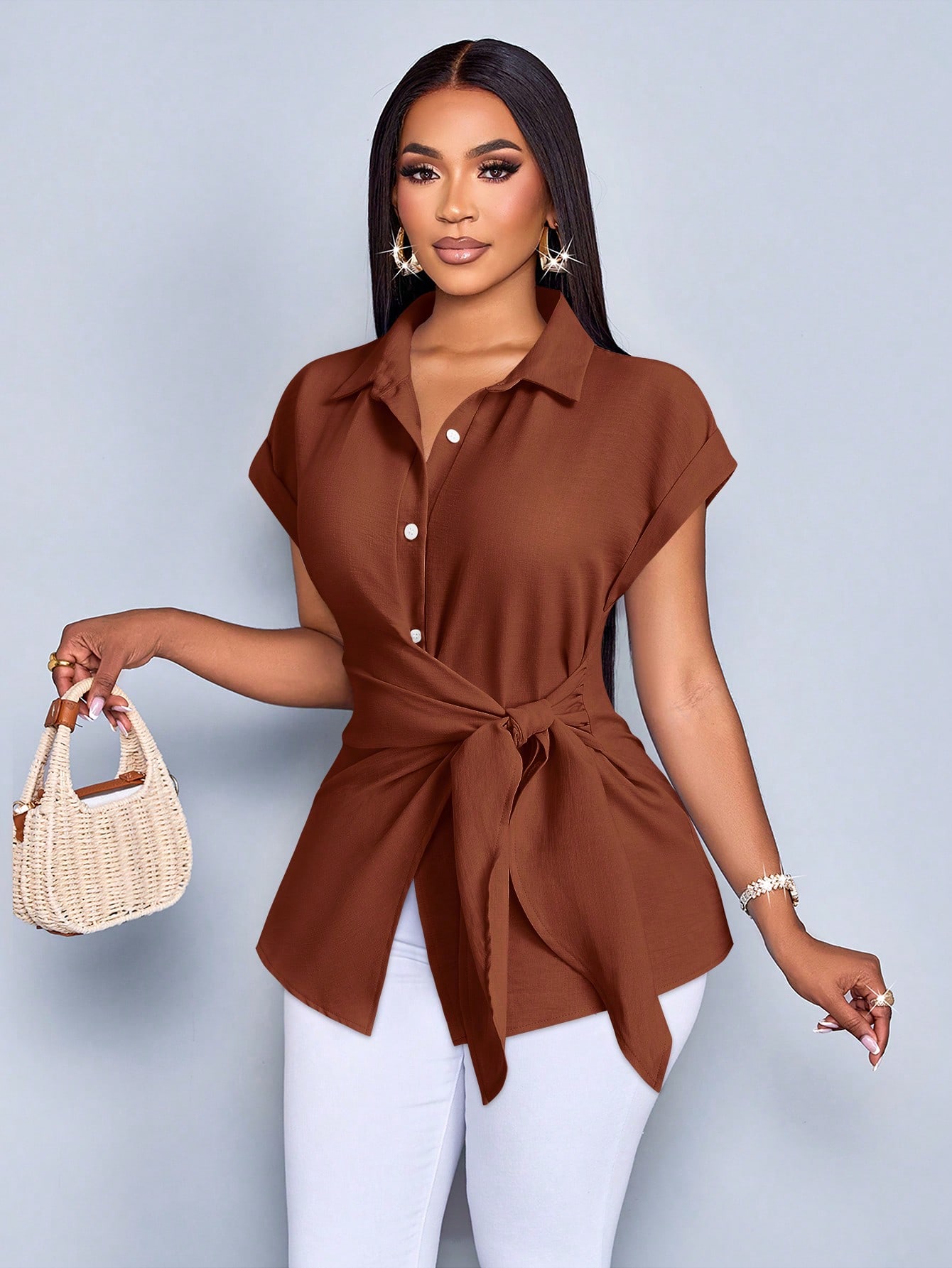 SOLERSUN Chemise femme à boutons avec imprimé à rayures, blouse avec détail de nœud avant — vue 5