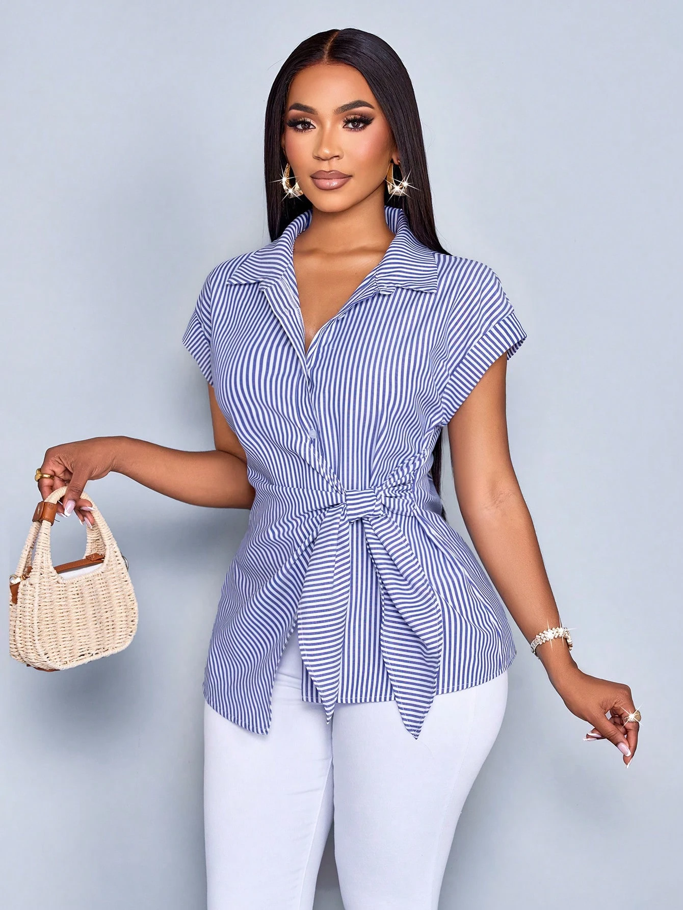 SOLERSUN Chemise femme à boutons avec imprimé à rayures, blouse avec détail de nœud avant