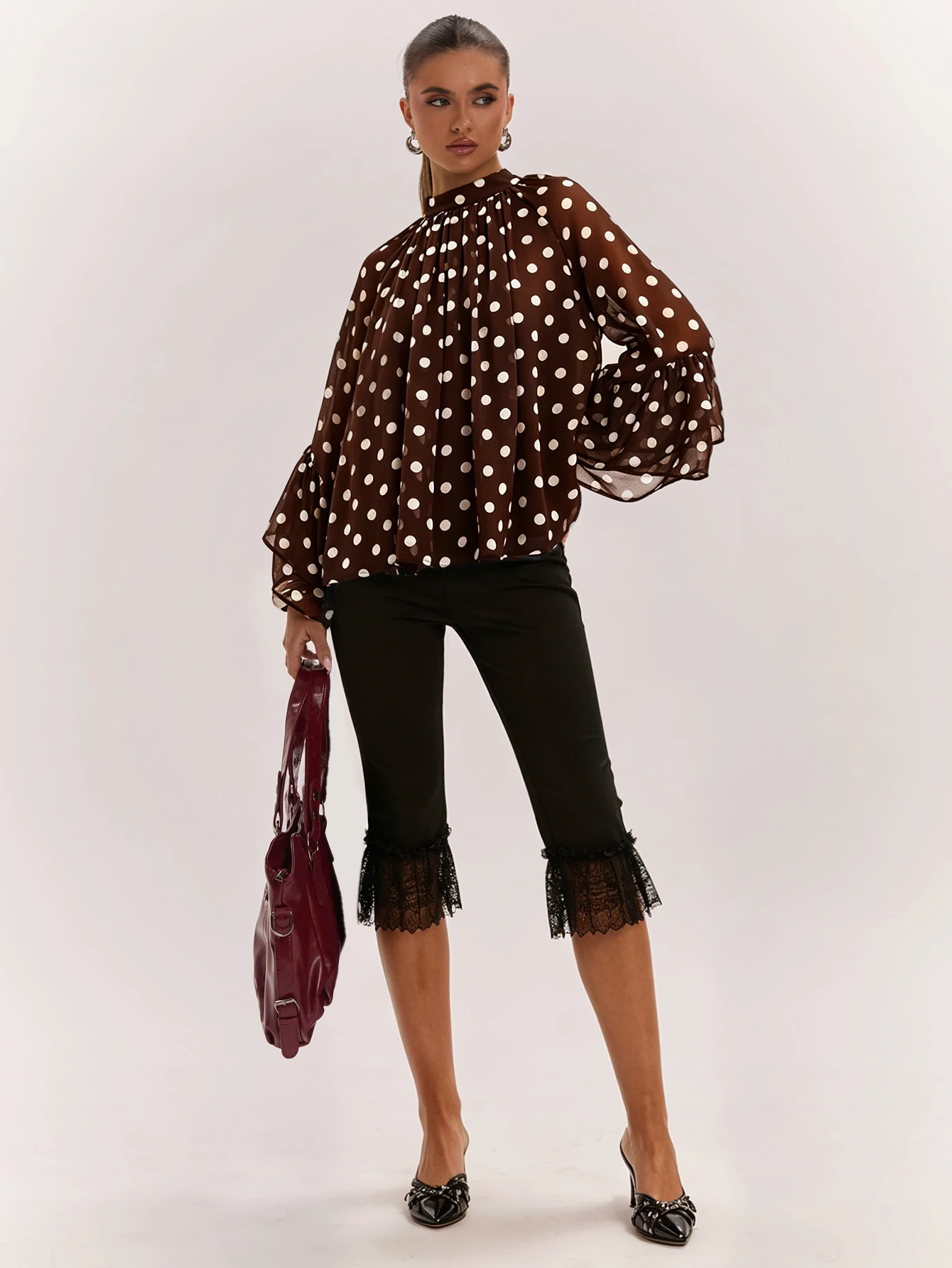 Blouse à imprimé à pois col rond à la mode et polyvalente pour femmes, convient — vue 12