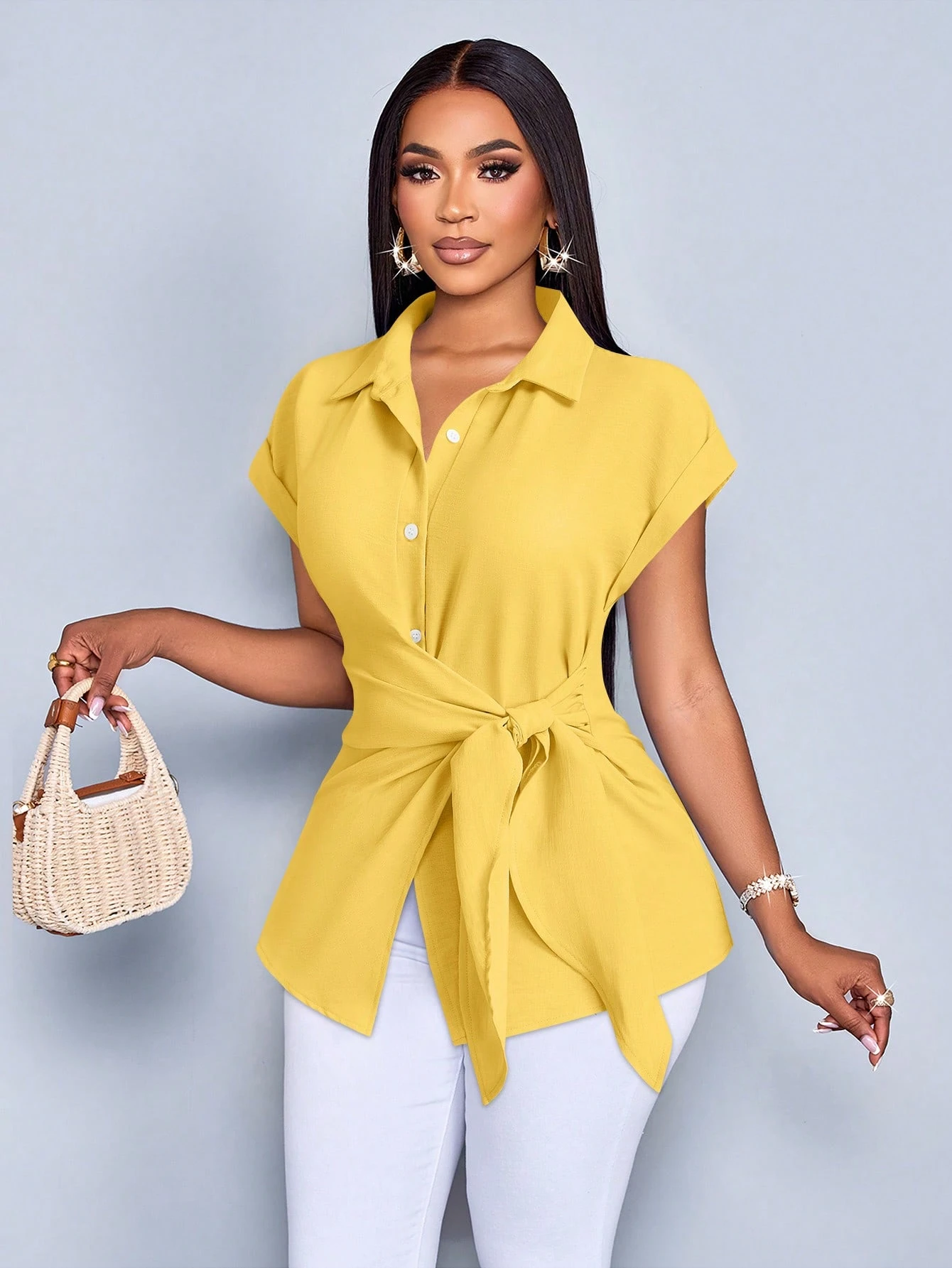 SOLERSUN Chemise femme à boutons avec imprimé à rayures, blouse avec détail de nœud avant — vue 3
