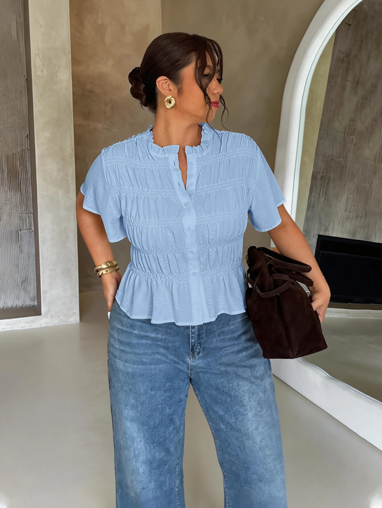 Firerie Chemise ample d'été décontractée de couleur unie — vue 4