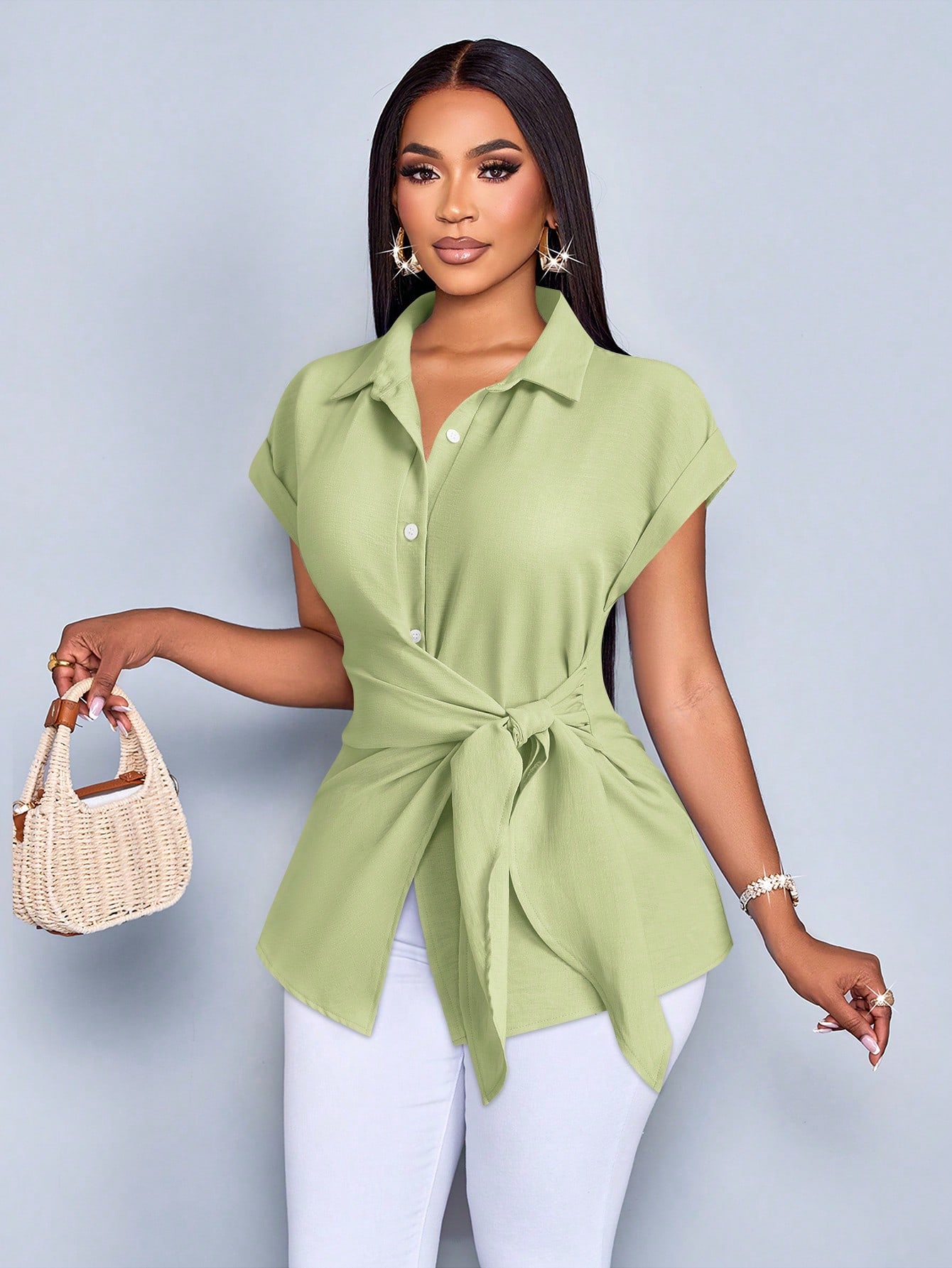SOLERSUN Chemise femme à boutons avec imprimé à rayures, blouse avec détail de nœud avant — vue 4