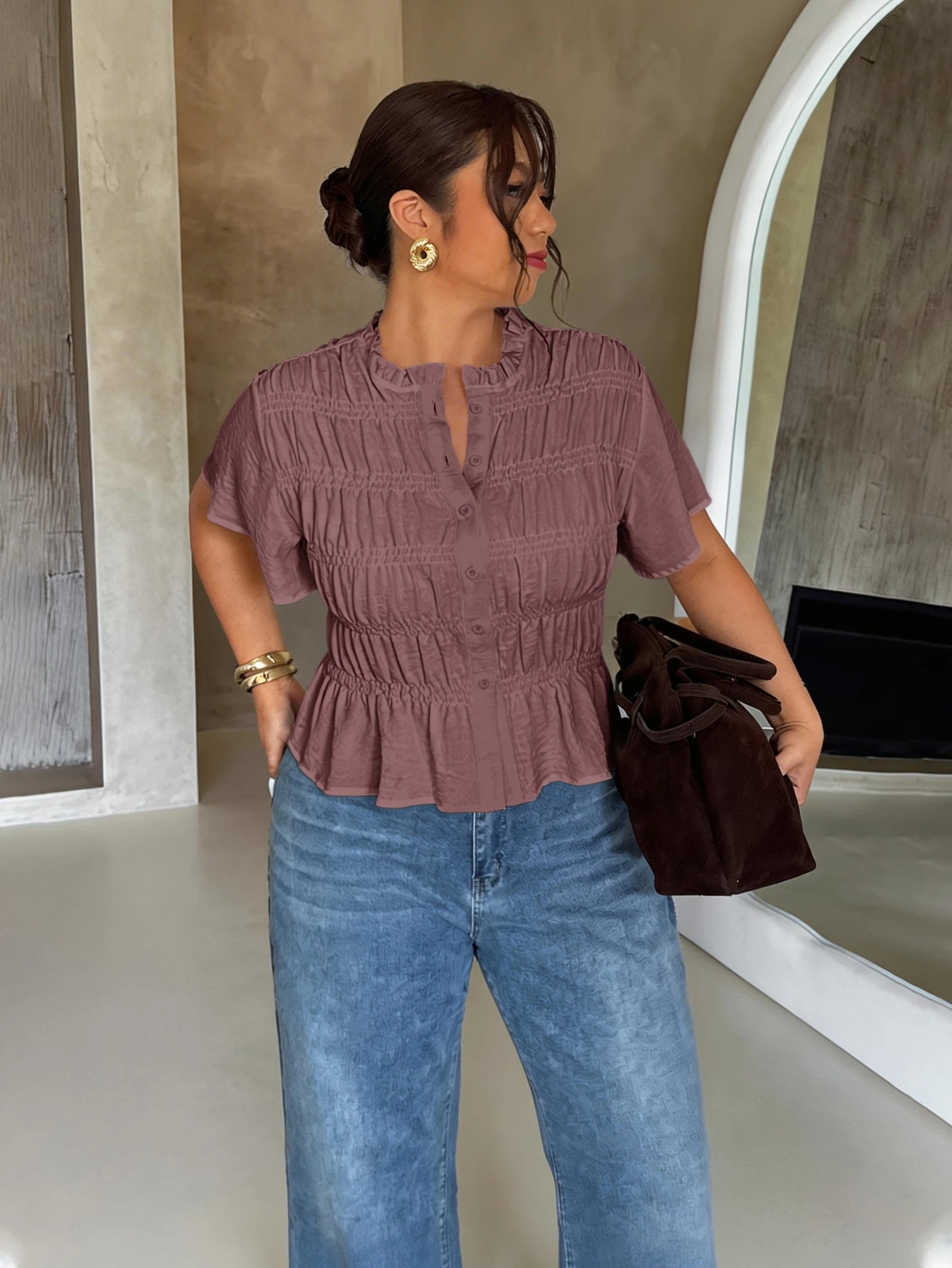 Firerie Chemise ample d'été décontractée de couleur unie — vue 8