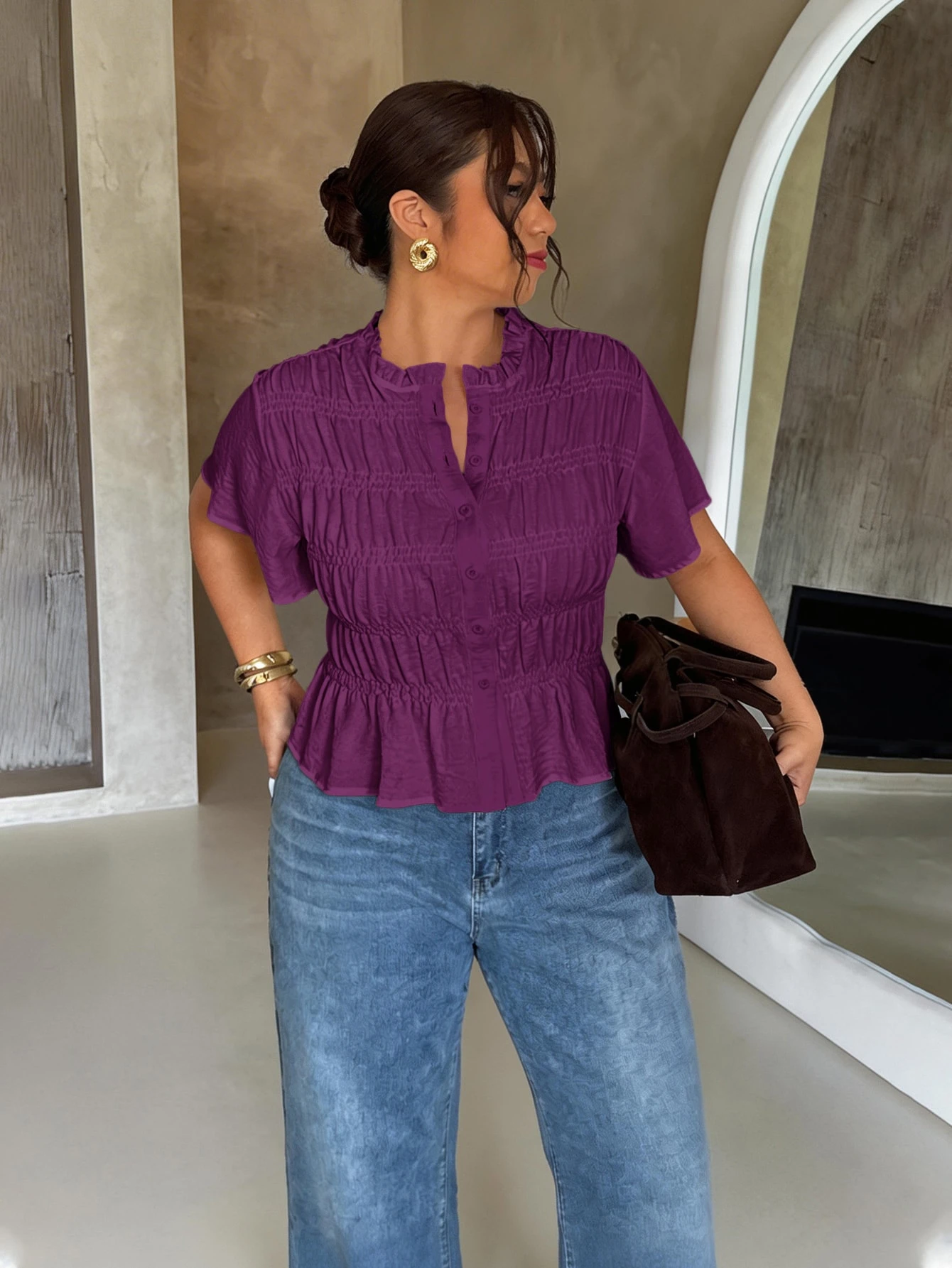 Firerie Chemise ample d'été décontractée de couleur unie — vue 10