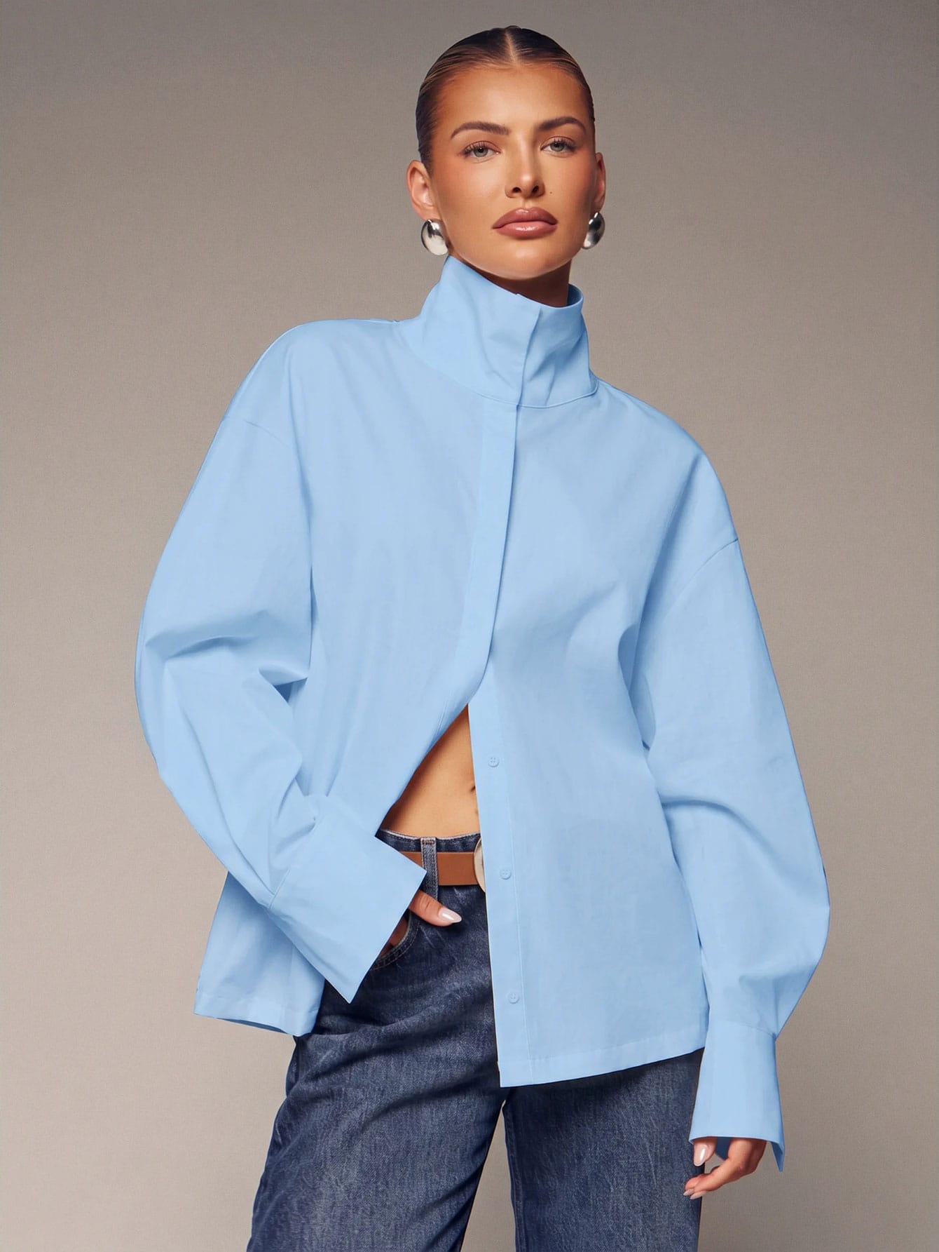 Hauture Chemise sexy et décontractée à col cheminée factice et manches longues pour femmes — vue 4