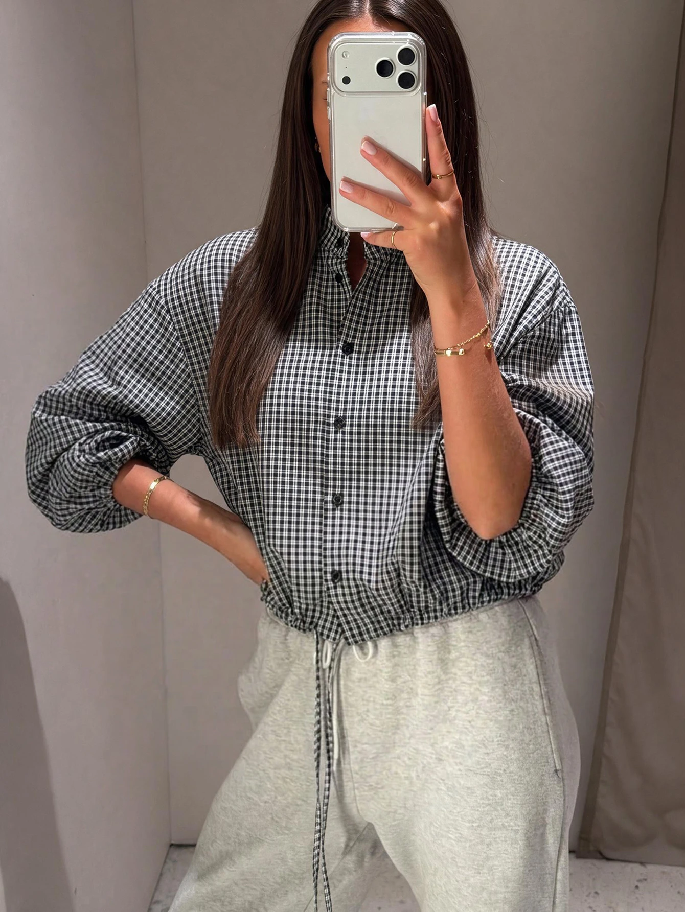 Chemise à manches longues avec ourlet élastique à carreaux pour femmes, style — vue 2