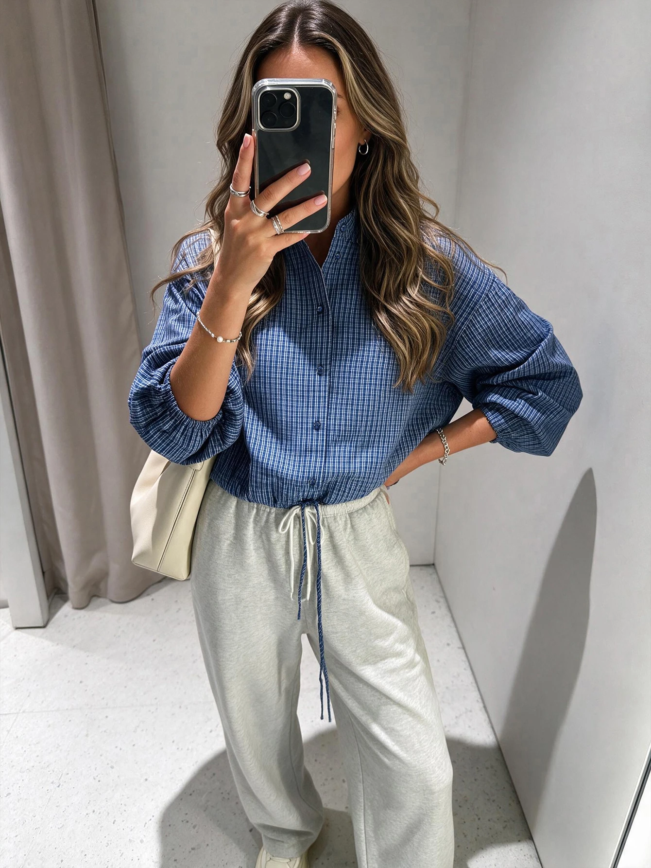 Chemise à manches longues avec ourlet élastique à carreaux pour femmes, style — vue 5